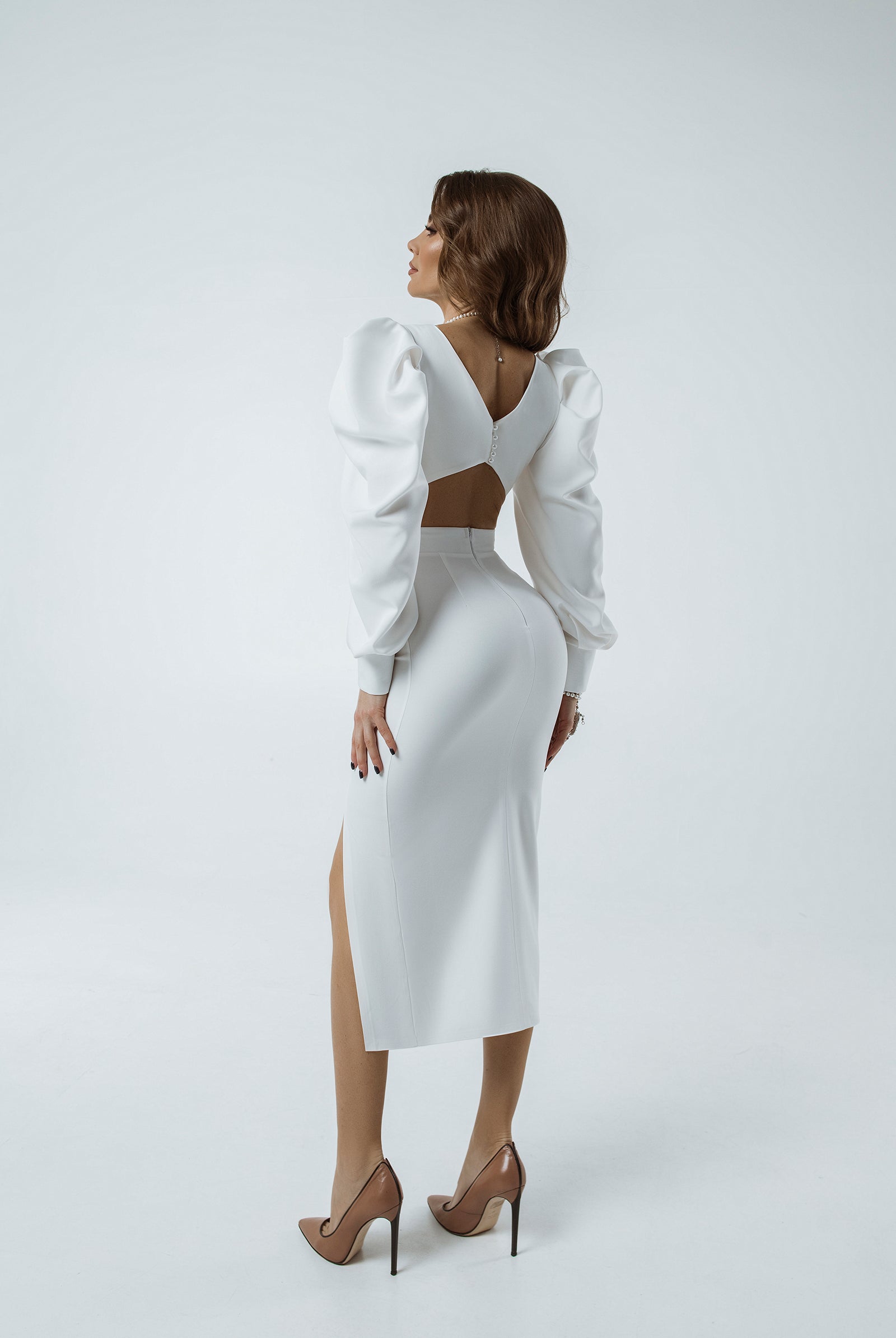 White Backless Puff Sleeve Midi Dress - side view | ELAGIA
