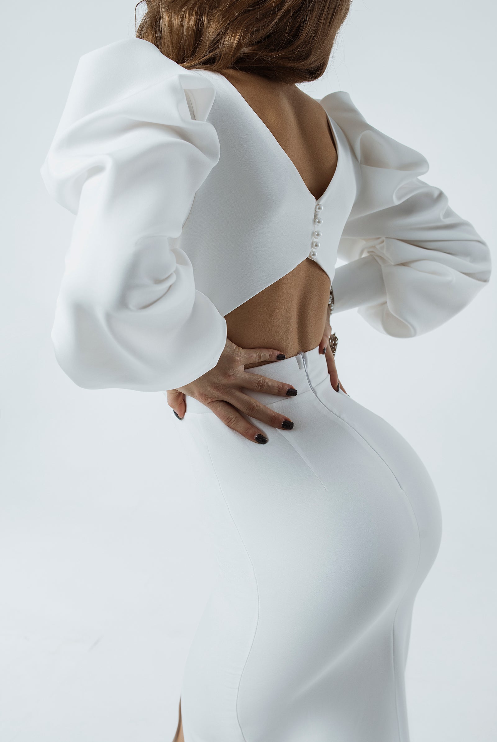 White Backless Puff Sleeve Midi Dress - back view | ELAGIA