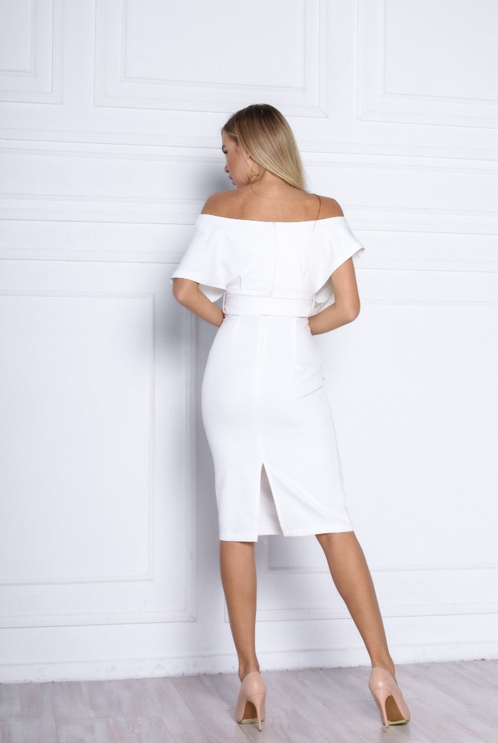 ELAGIA ivory off-the-shoulder mini dress sleeve detail shot with 3 piece women's suit elements