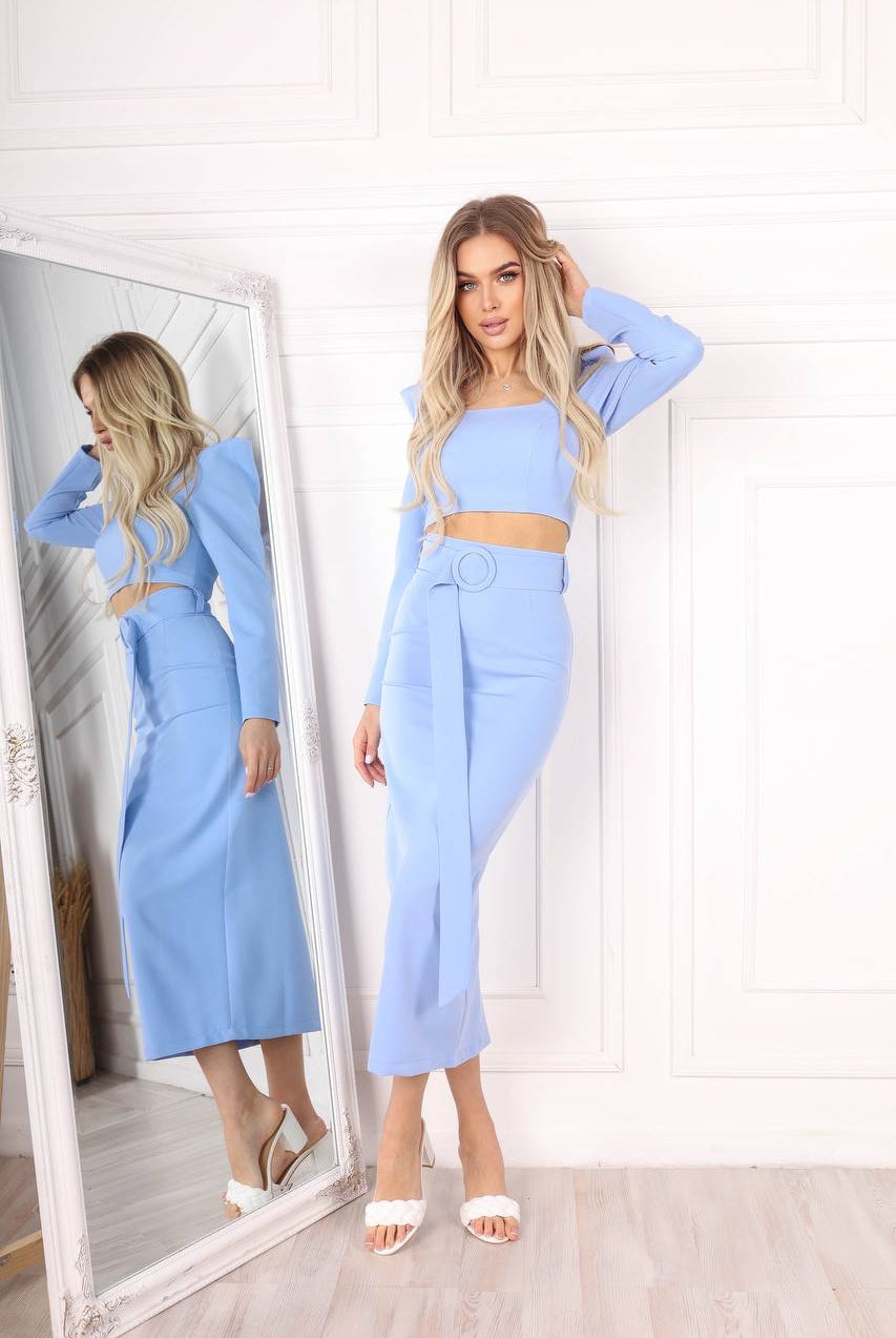 ELAGIA light blue suit women full outfit - sky-blue 2-piece set with long sleeve top and maxi skirt worn