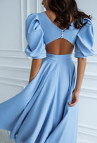 Sky-Blue Backless Puff-Sleeve Midi Dress