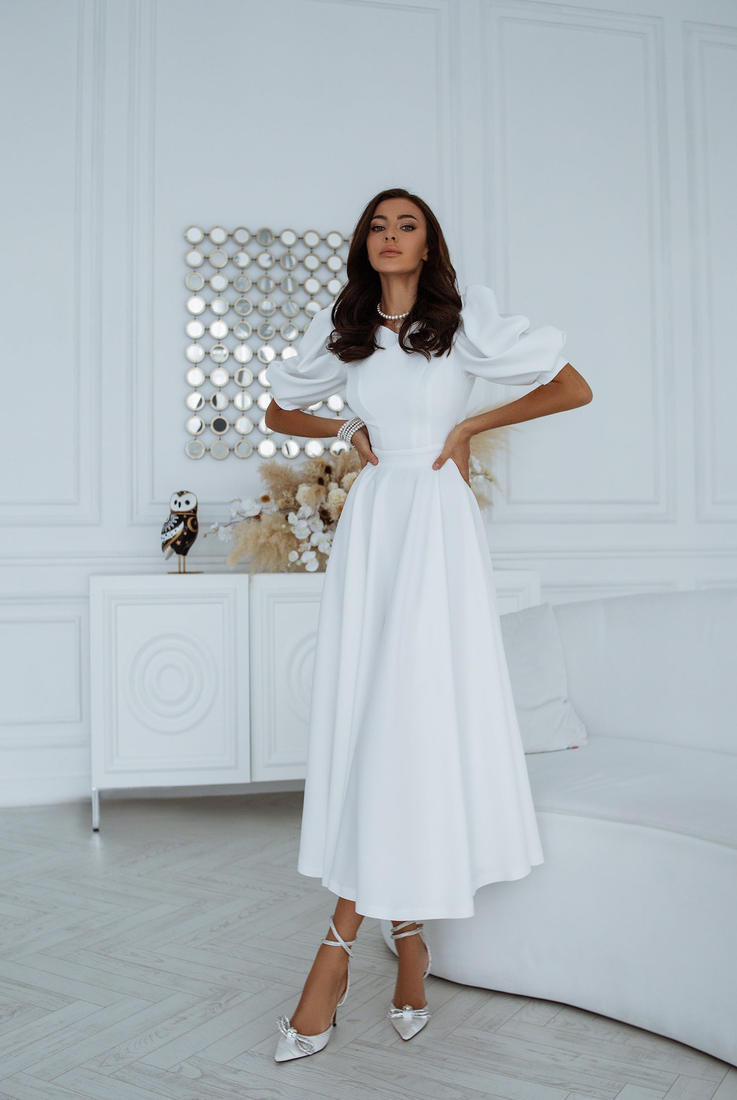 White Backless Puff-Sleeve Midi Dress