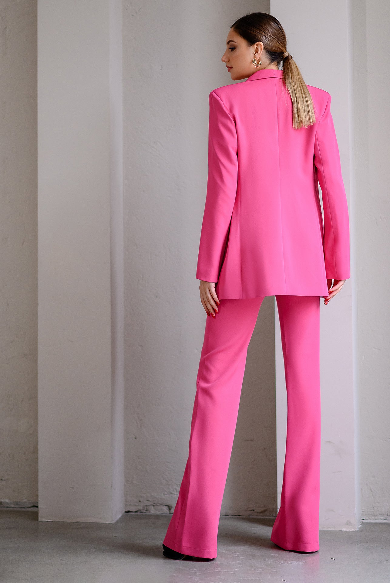 ELAGIA Crimson Shawl Lapel Suit 2-Piece front view - purple business suit women professional blazer and pants set