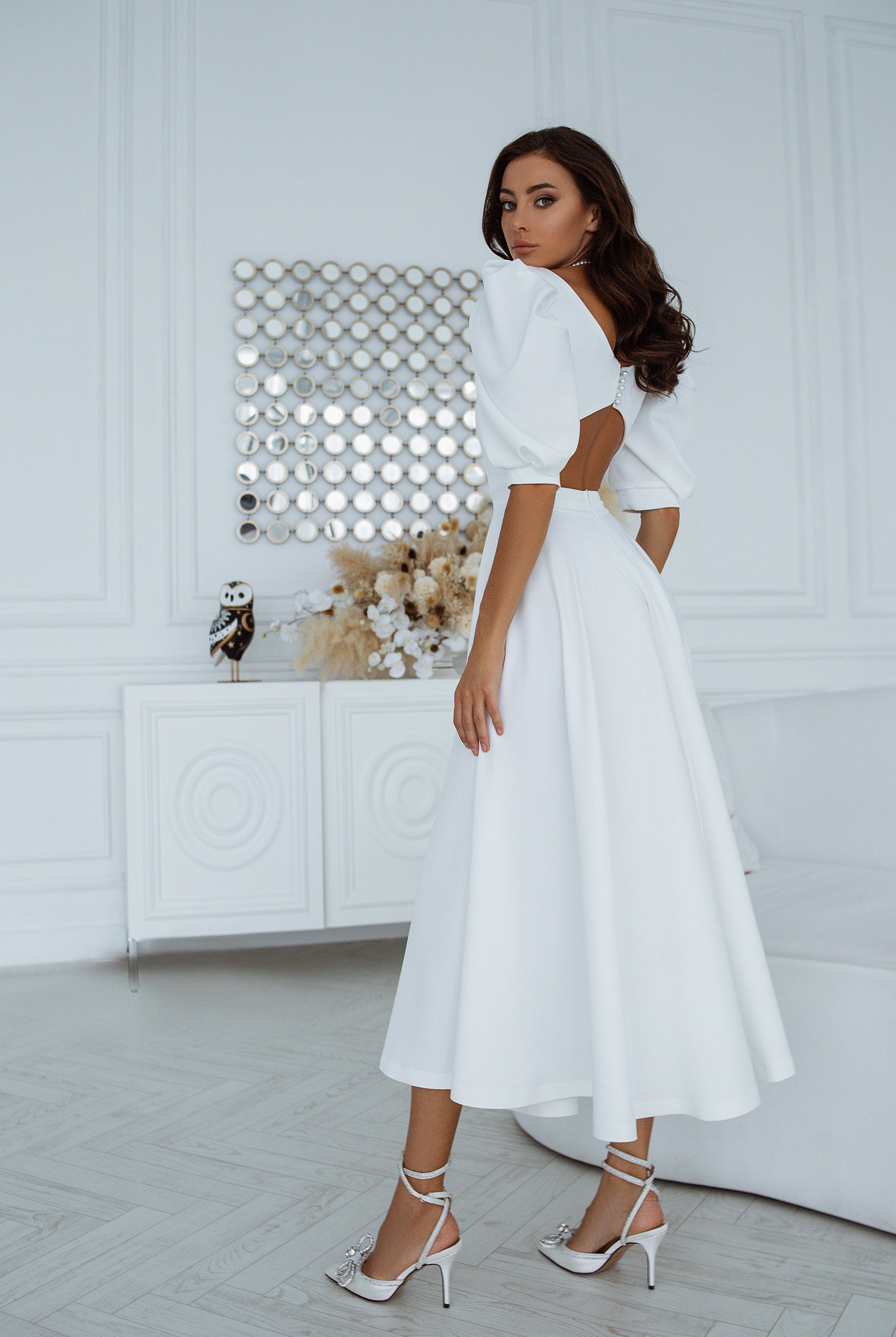 White Backless Puff-Sleeve Midi Dress