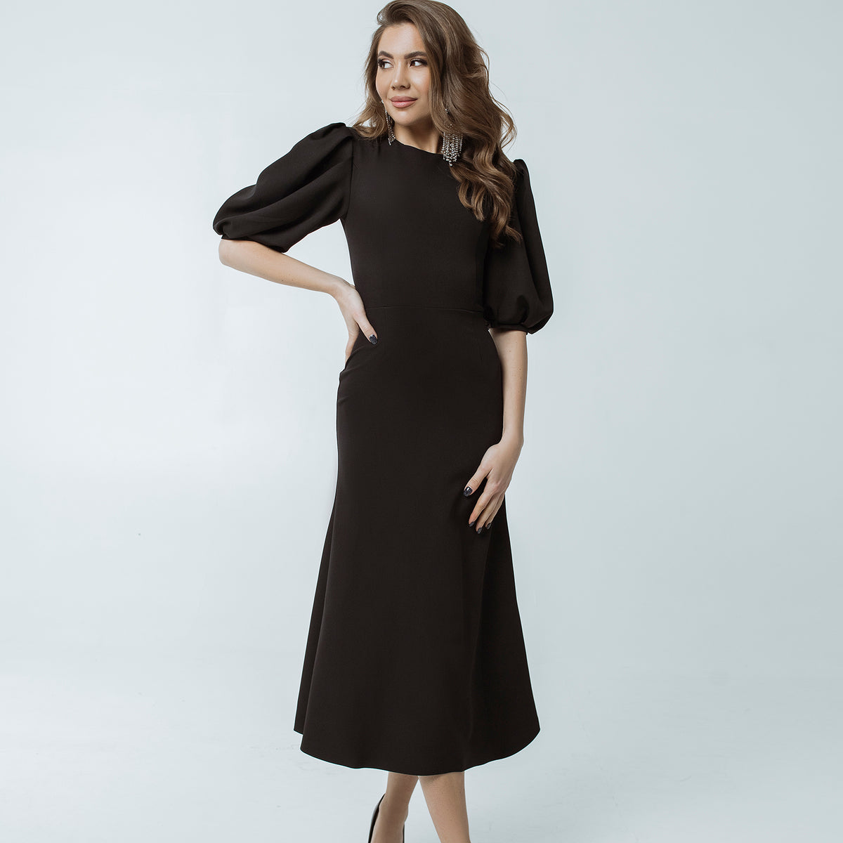 Black Puff Sleeve Midi Dress – ELAGIA