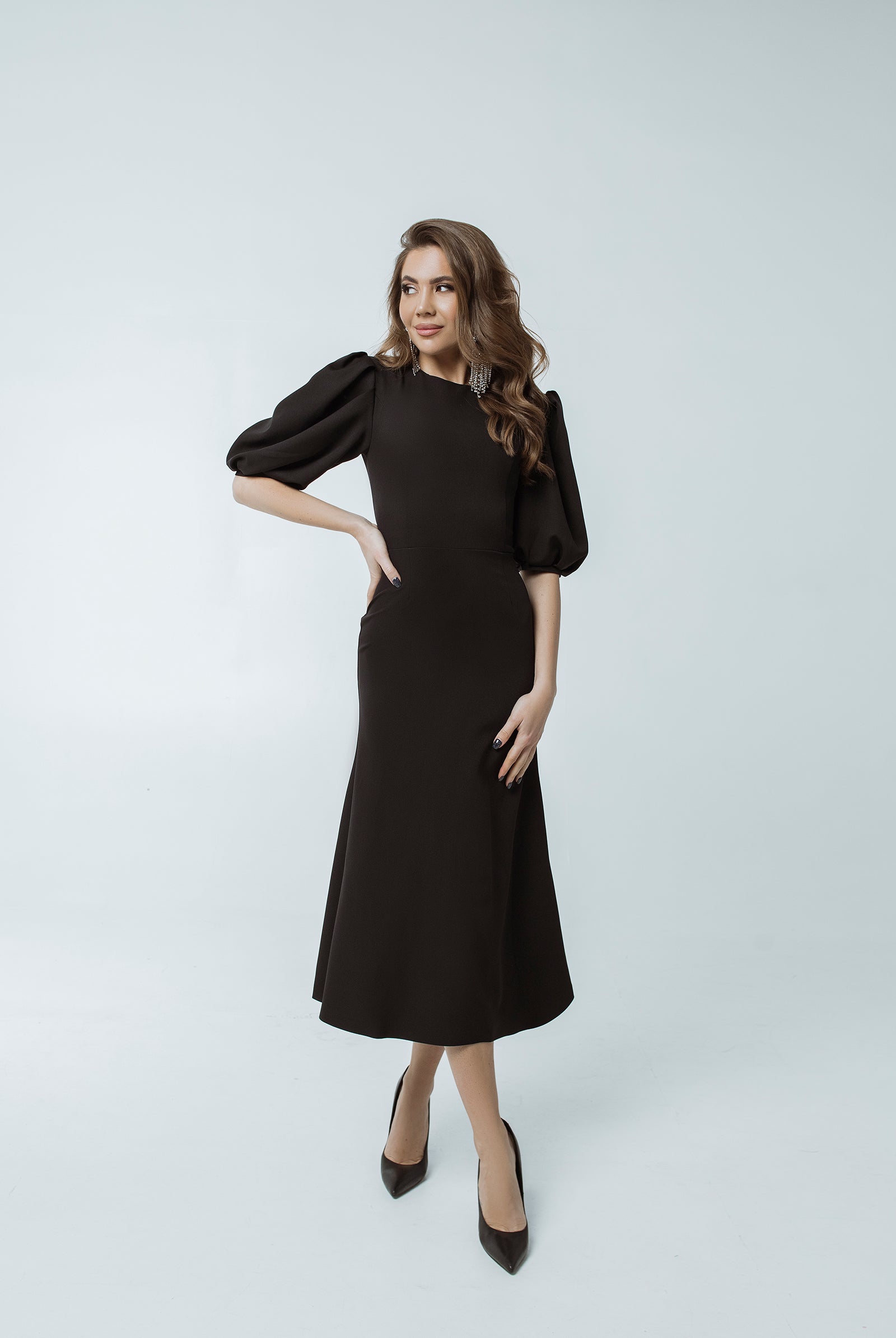 Black Puff Sleeve Midi Dress - styled look | ELAGIA