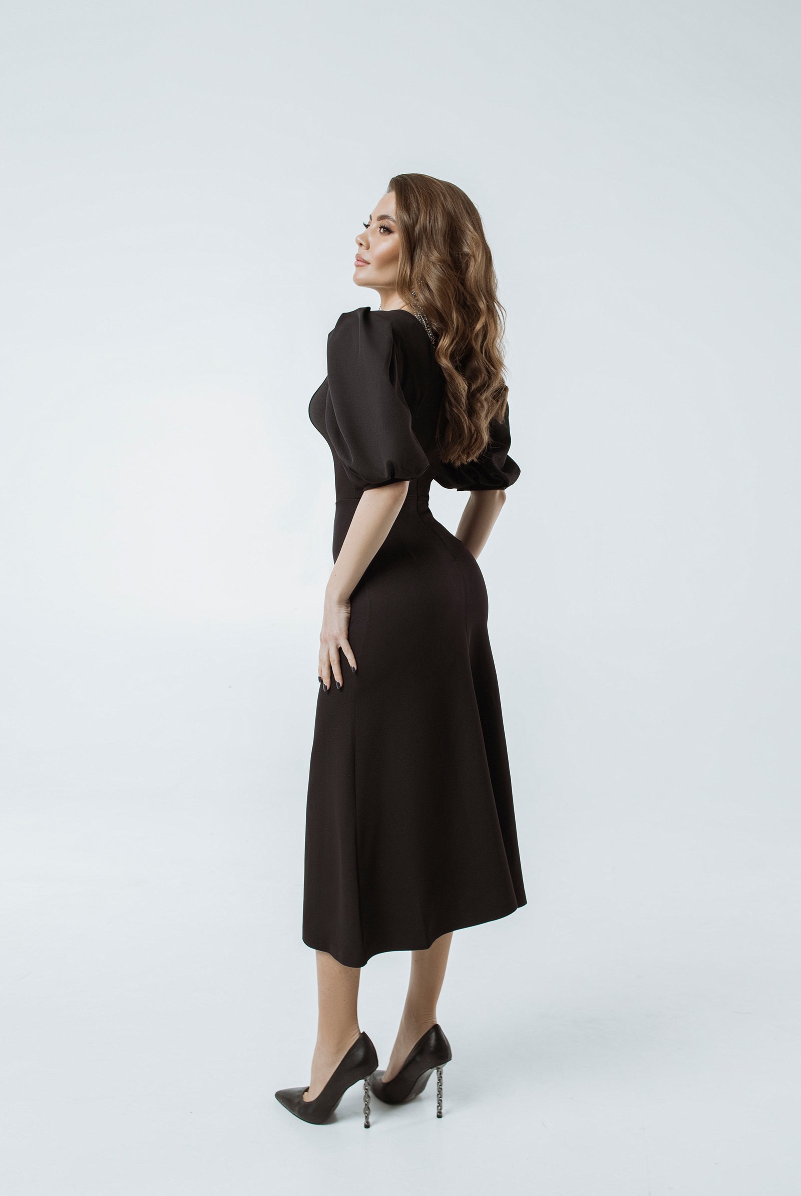 Black Puff Sleeve Midi Dress - view 6 | ELAGIA