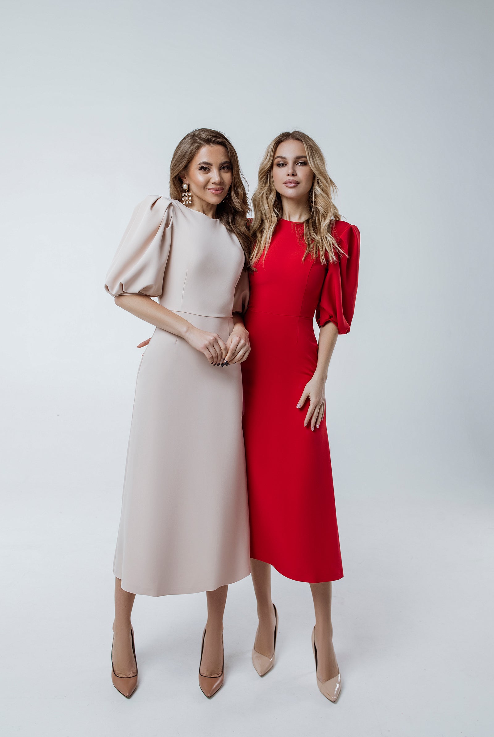 Red Puff Sleeve Midi Dress - view 6 | ELAGIA