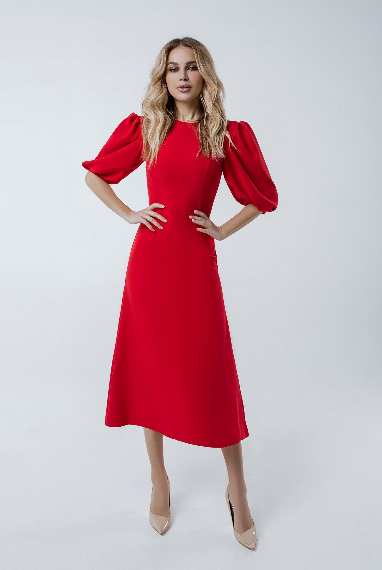 Red Puff Sleeve Midi Dress - front view | ELAGIA