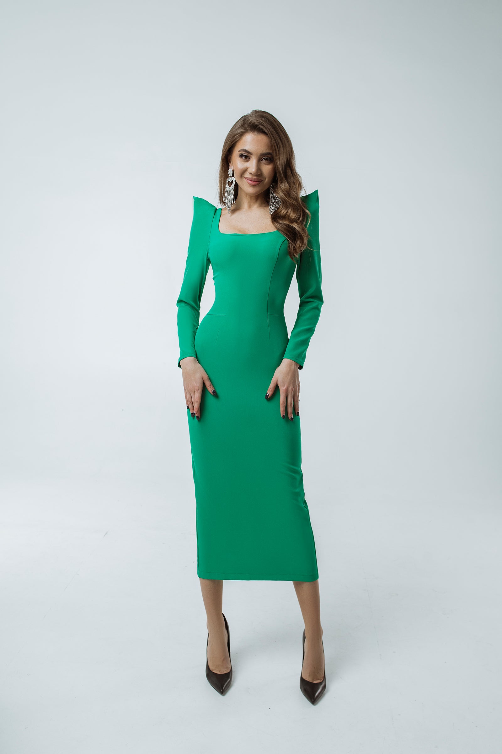 Green Square Neck Fitted Dress With Side Slit main image 0