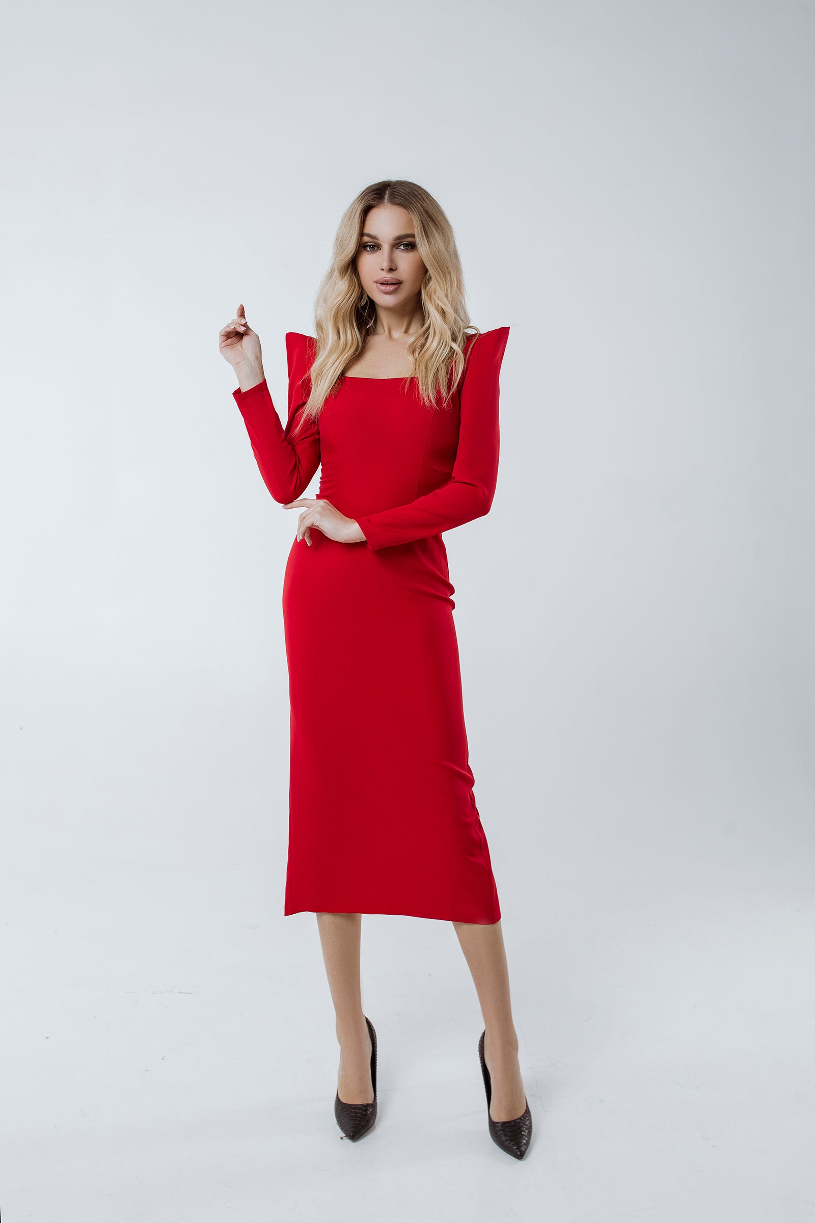 Red Dress with Beaded Square Neckline