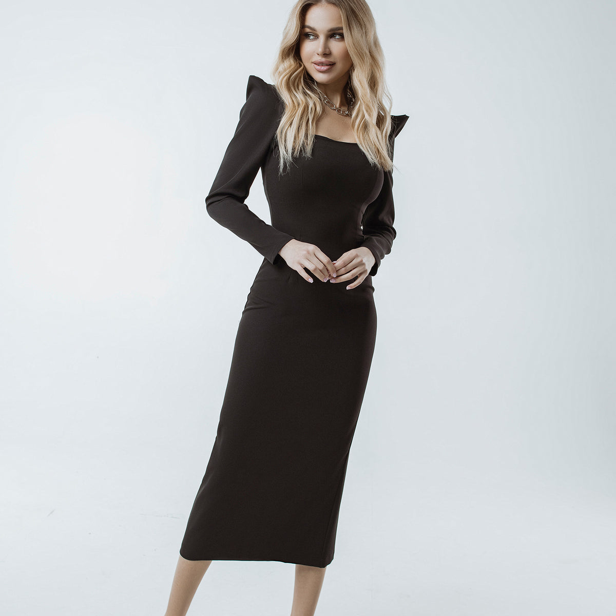Black Square Neck Long Sleeve Midi Dress
