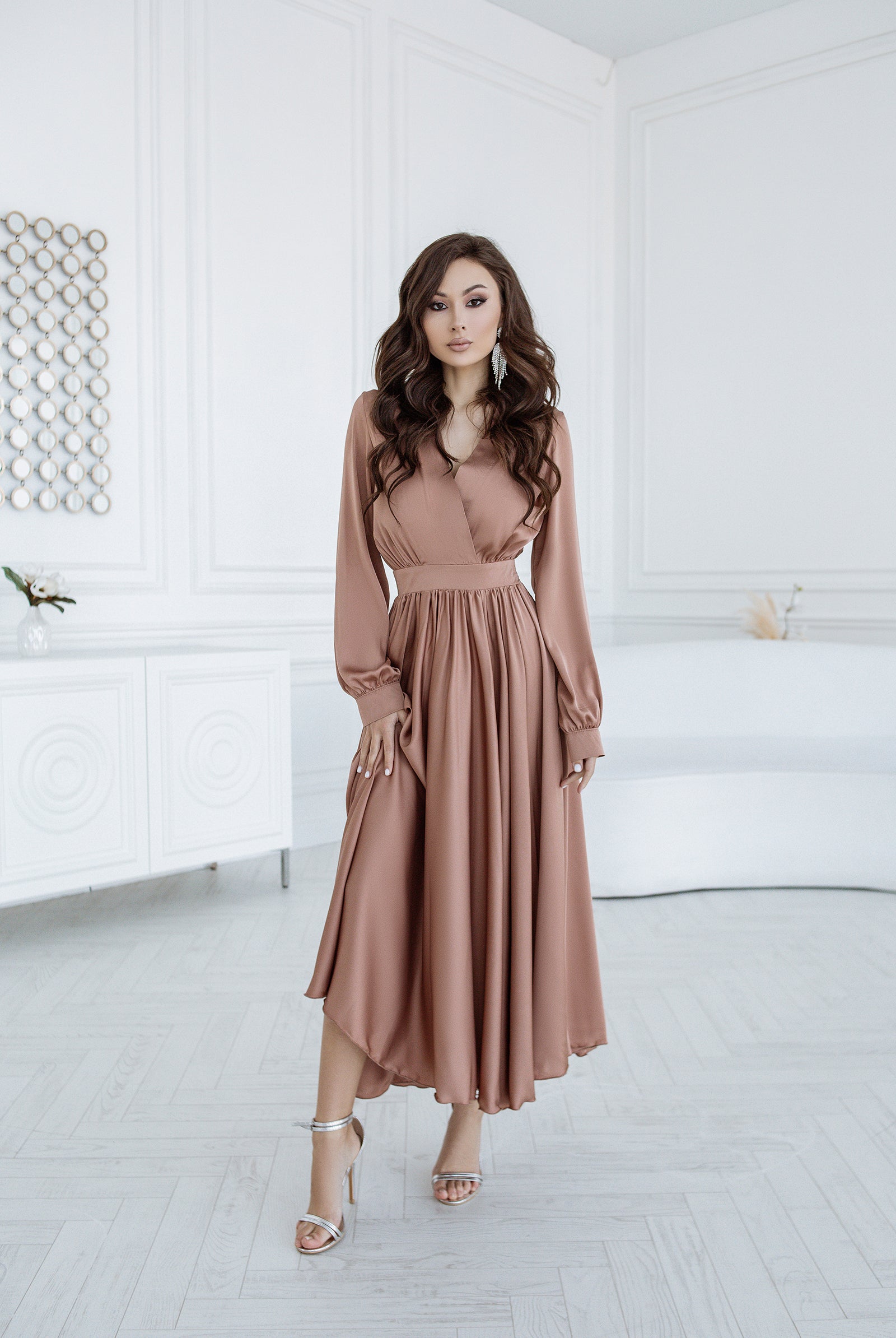 Beige Silk Long Sleeve Maxi Dress - view 6 | ELAGIA