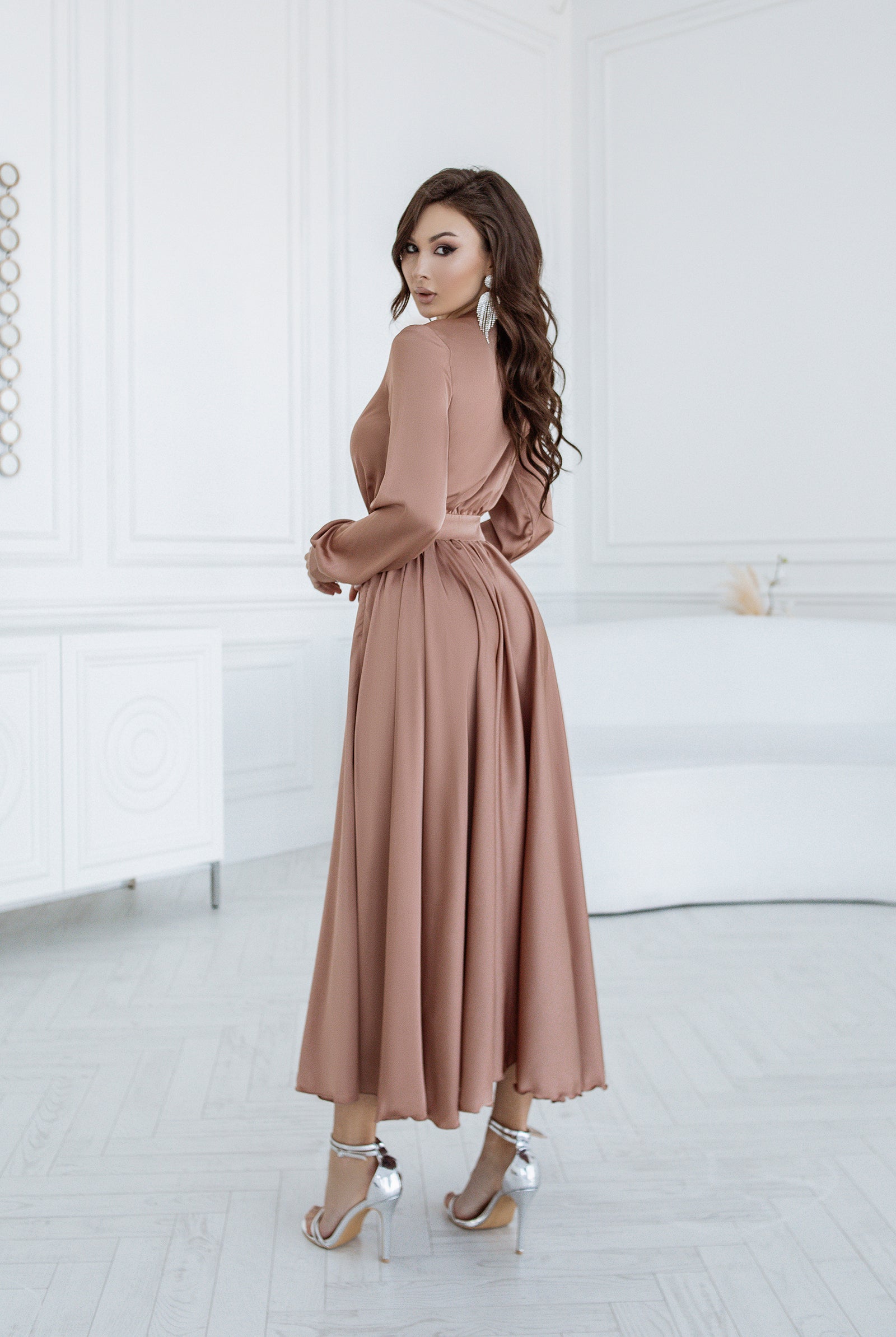 Beige Silk Long Sleeve Maxi Dress - view 7 | ELAGIA