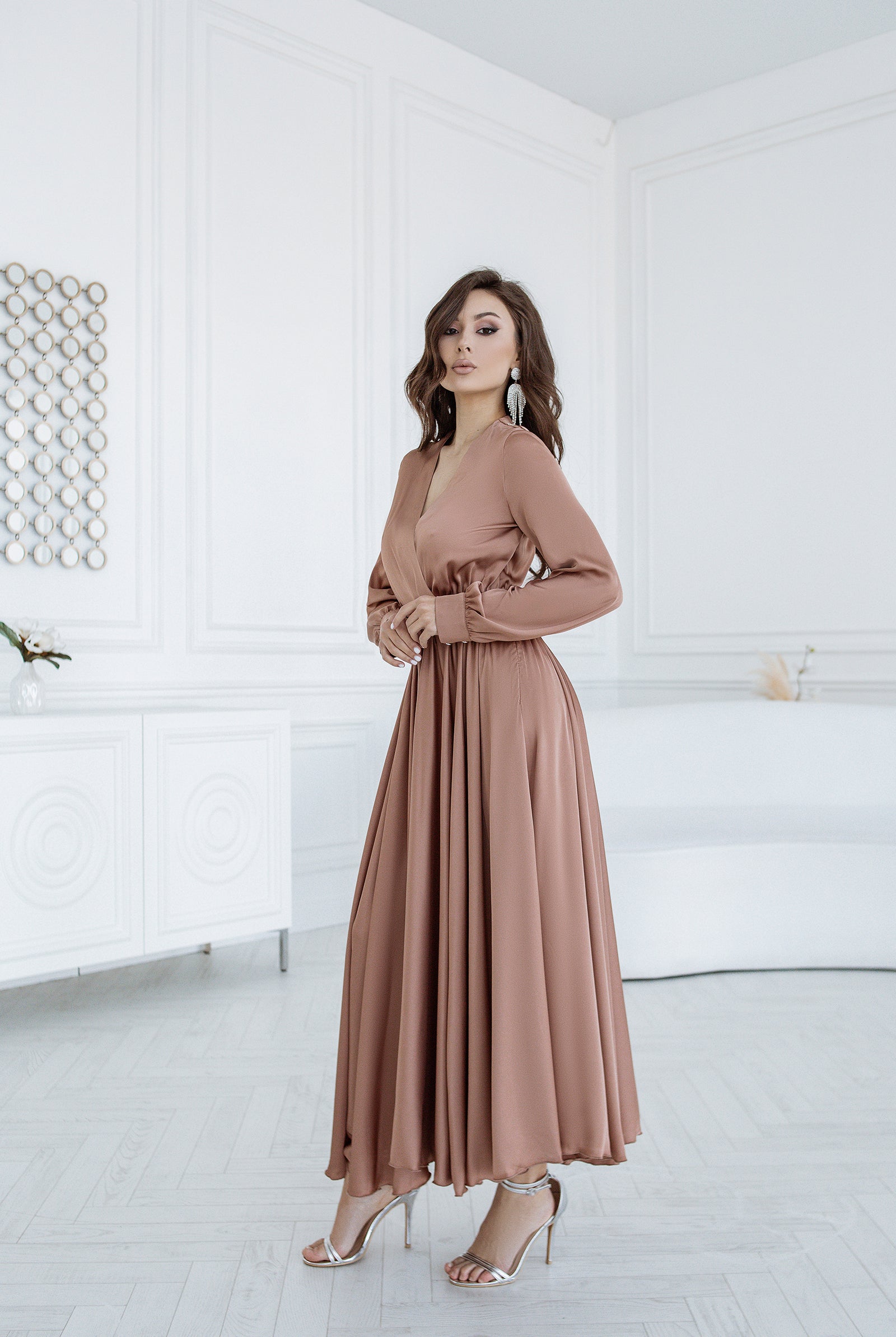 Beige Silk Long Sleeve Maxi Dress - view 8 | ELAGIA