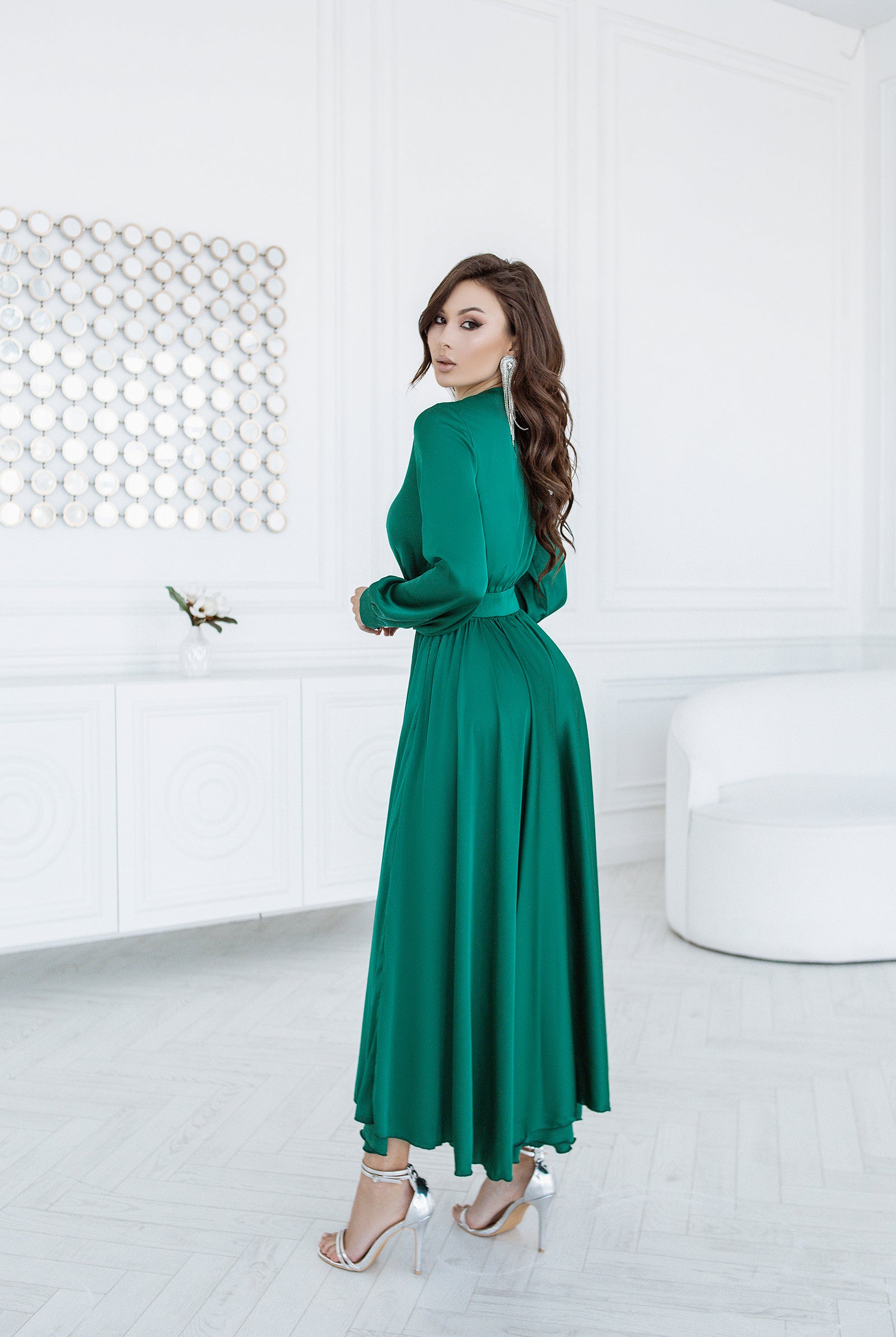 Emerald Silk Long Sleeve Maxi Dress - view 7 | ELAGIA