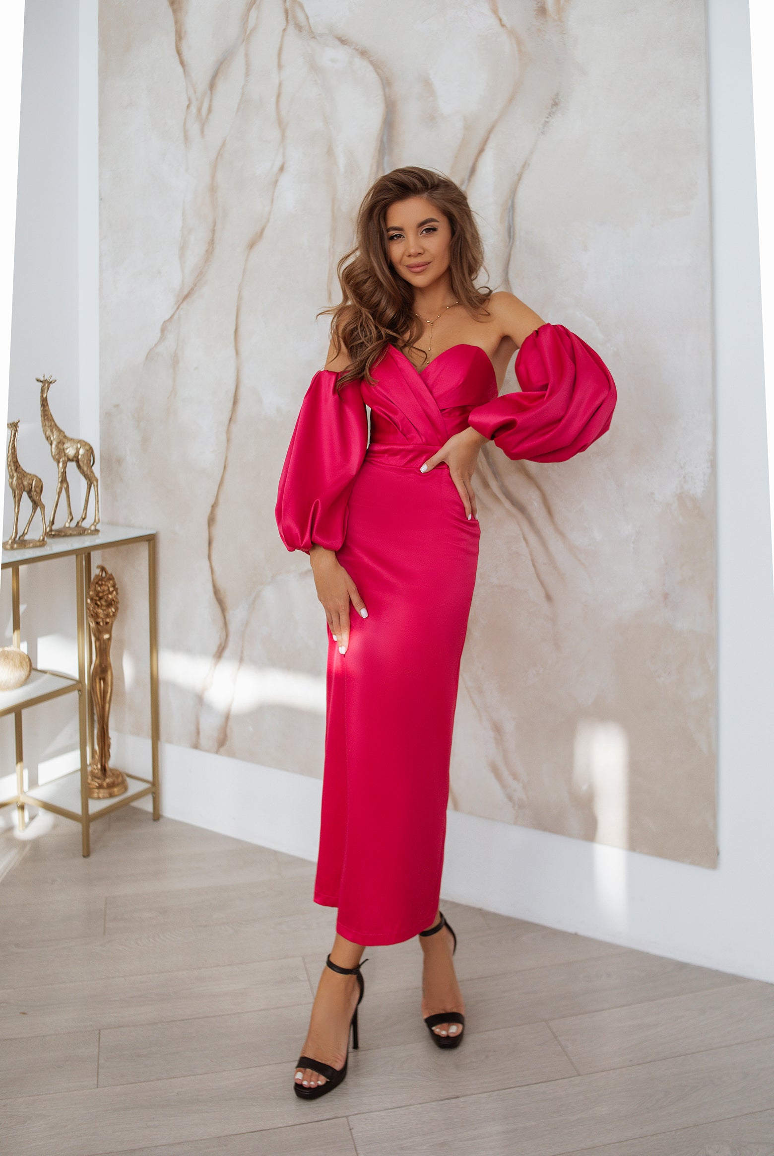 ELAGIA Crimson Puffed Sleeve Midi Dress - front view of bold red dress with dramatic puffed sleeves and midi length