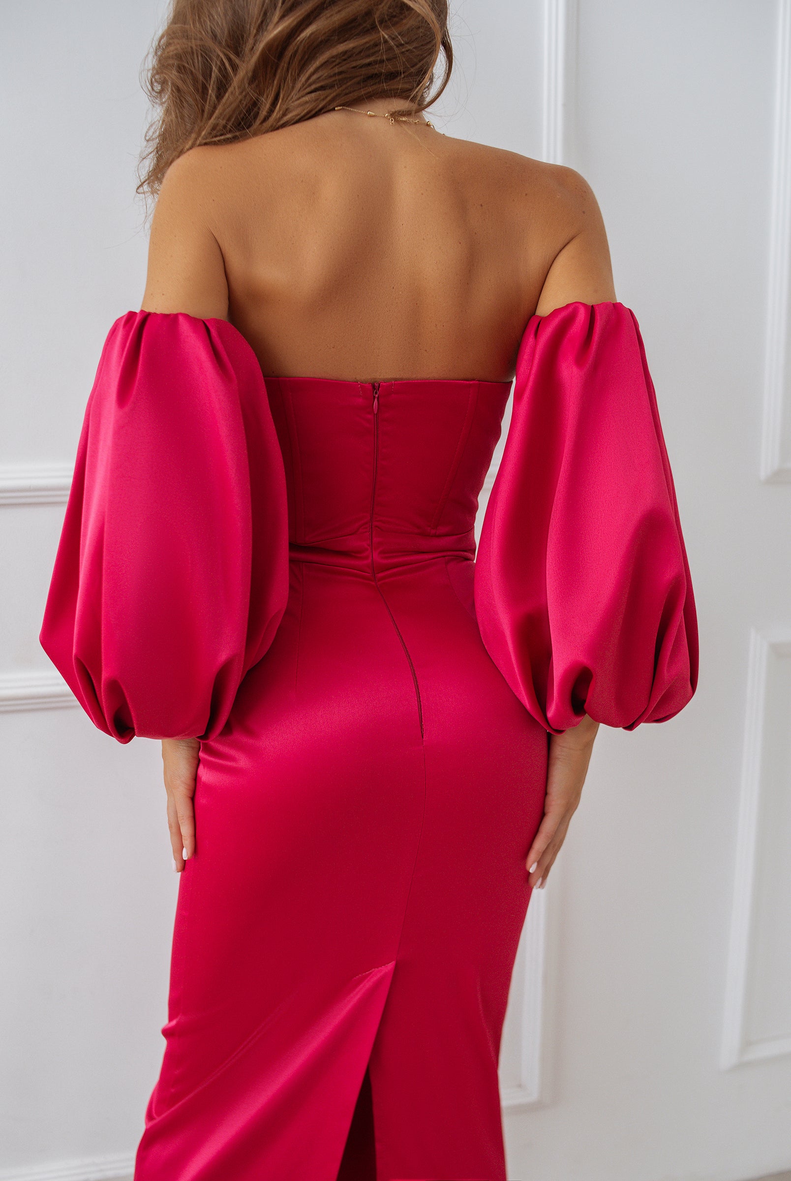 ELAGIA Crimson Puffed Sleeve Midi Dress - styled outfit view with accessories showcasing complete look