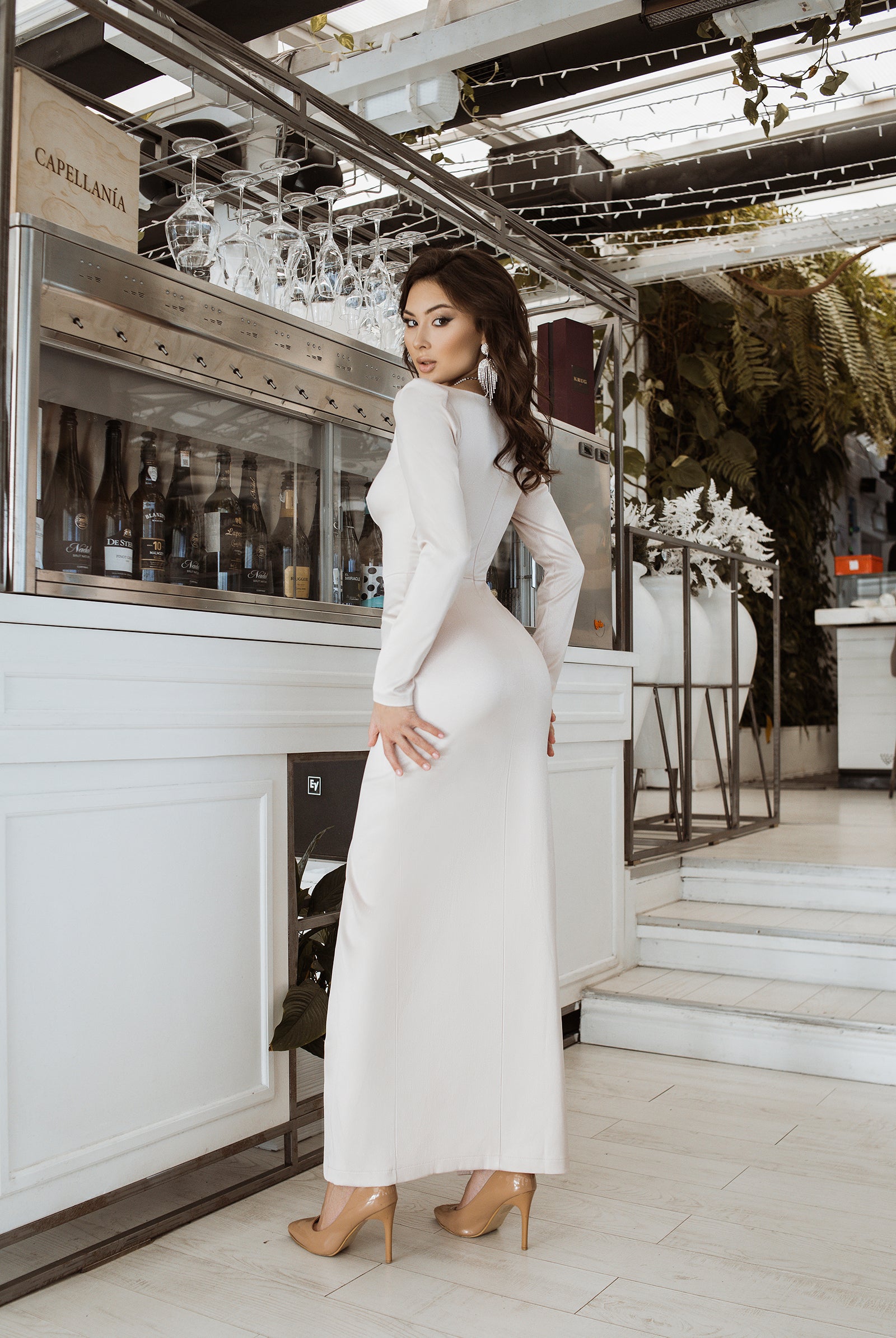 ELAGIA Beige Satin Long Sleeve Maxi Dress - side angle highlighting long sleeves and floor-length design