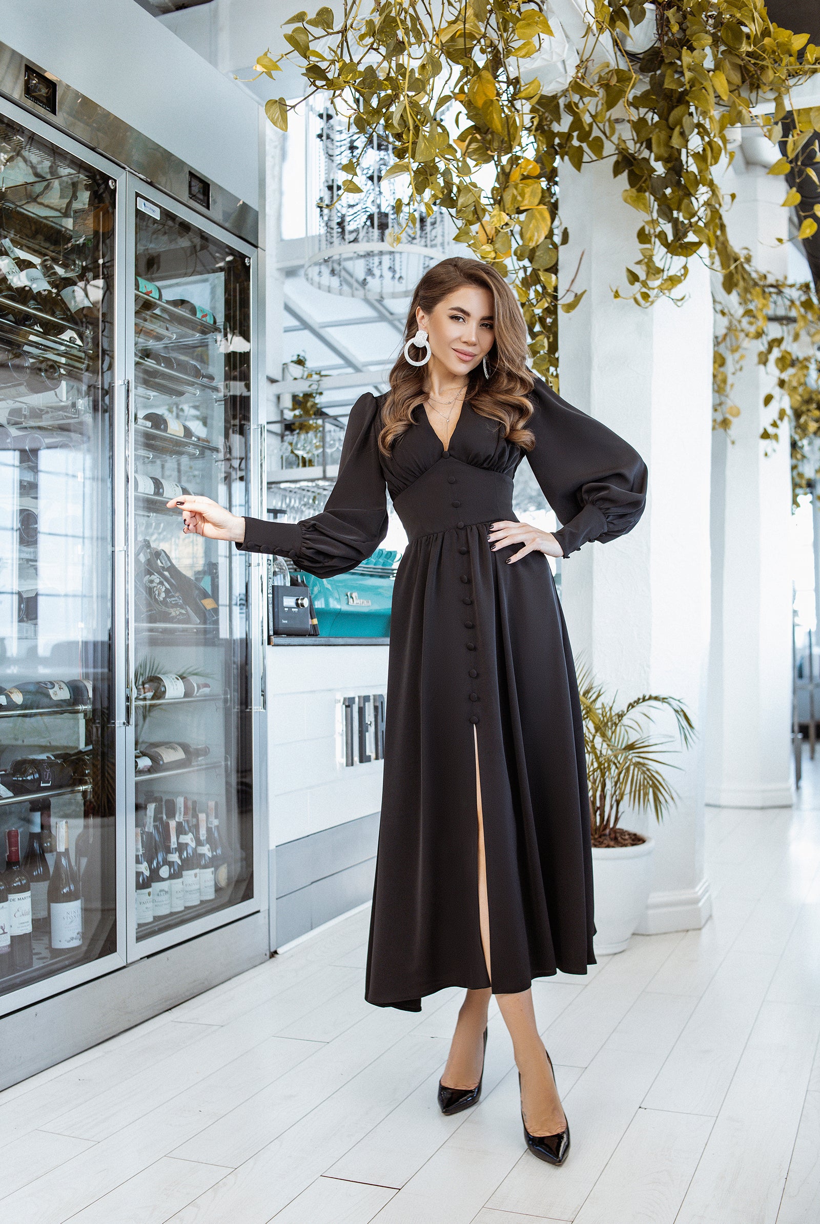 Black V-neck Buttoned Puff-Sleeve Midi Dress - front view | ELAGIA