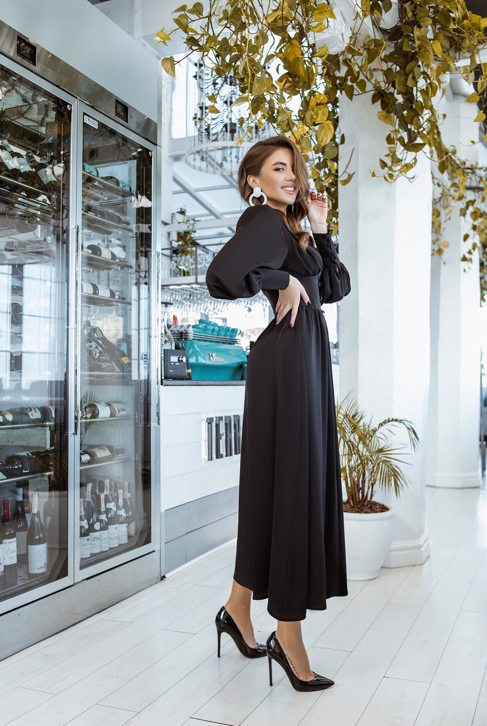Black V-neck Buttoned Puff-Sleeve Midi Dress - side view | ELAGIA