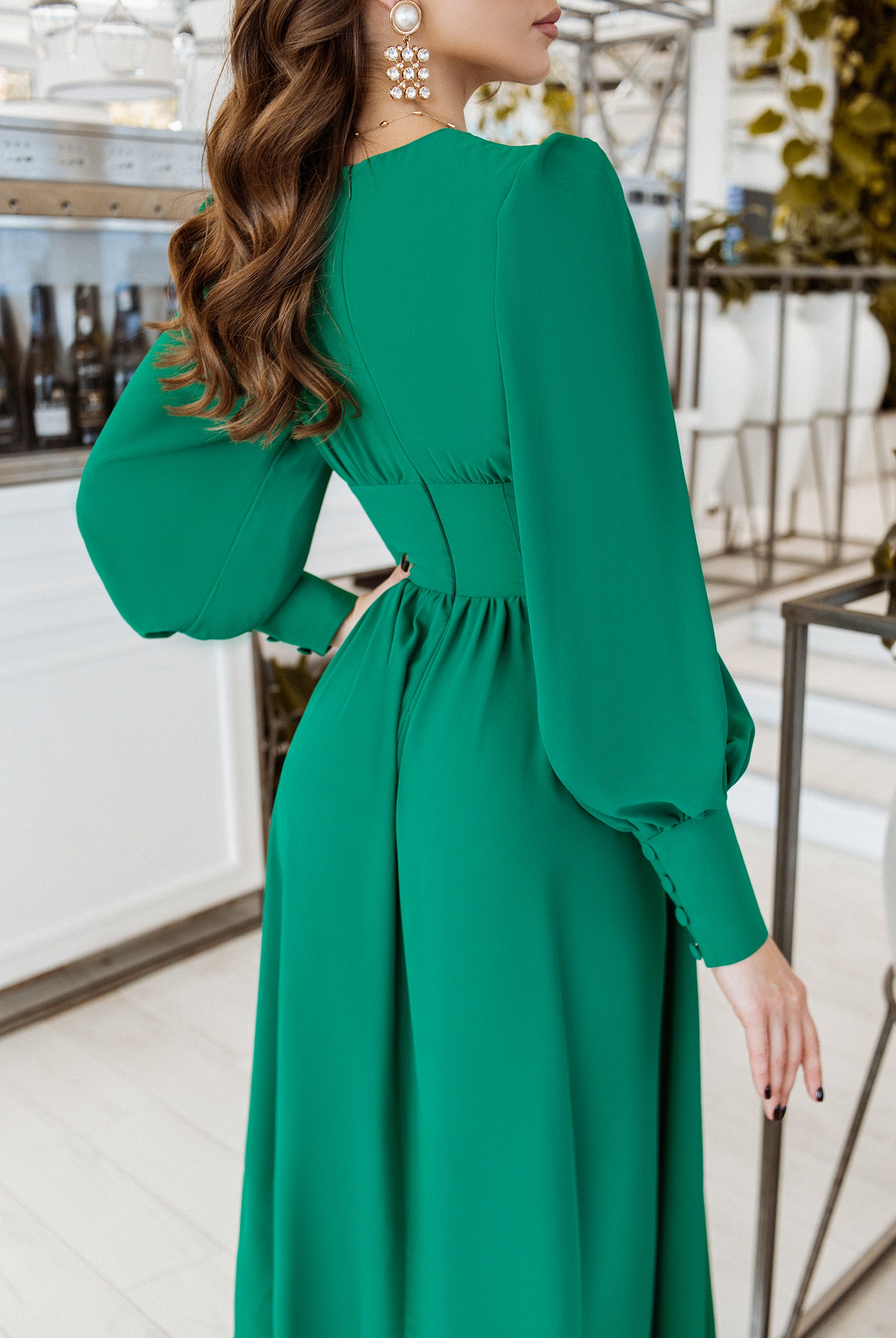 Green V-neck Buttoned Puff-Sleeve Midi Dress - styled look | ELAGIA