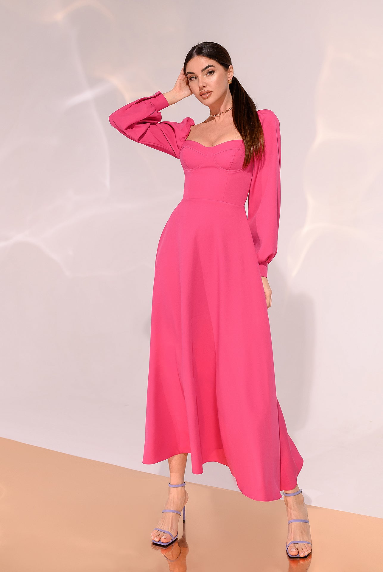 ELAGIA Crimson Puff-Sleeve Midi Dress - styled full-body shot with accessories, showing complete outfit look