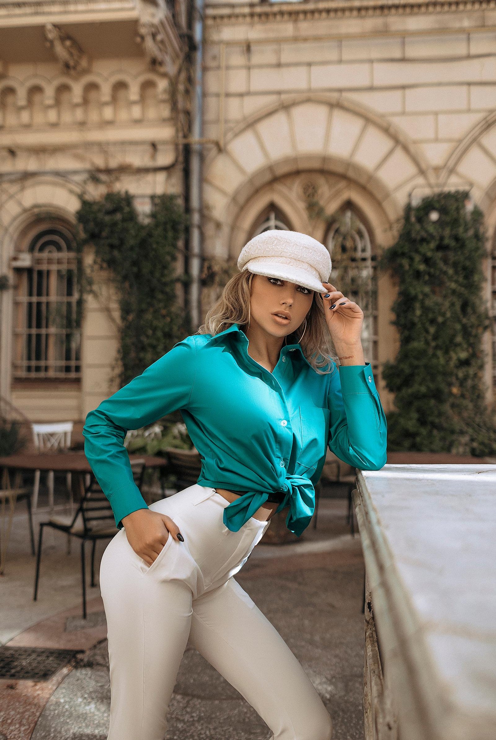 ELAGIA Green Basic Shirt back view showing green business suit blouse tailoring and fit details