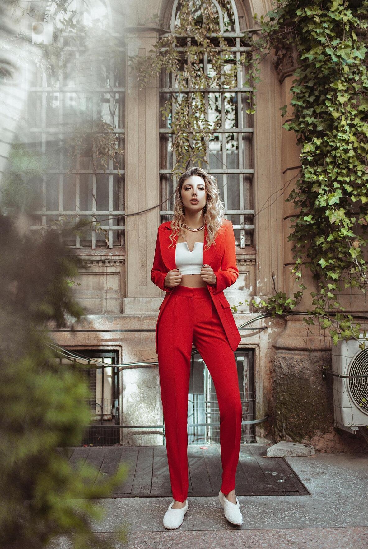 ELAGIA red single-breasted blazer worn open over blouse - versatile 3 piece women's suit separates styling