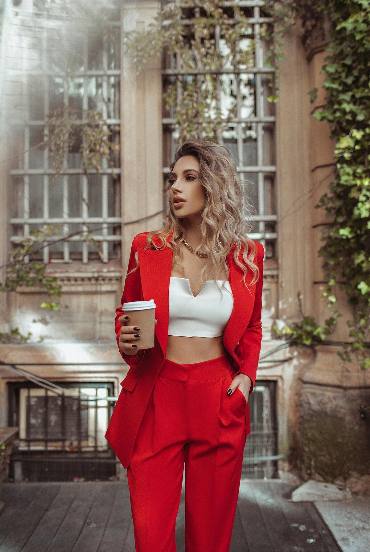 ELAGIA red 2-piece suit styled with accessories - complete purple business suit women professional look