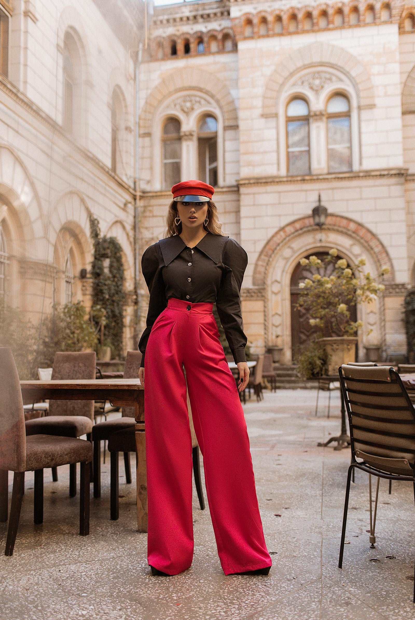 ELAGIA Black Puff Sleeve Collared Blouse worn model showing women's black suit set complete styling