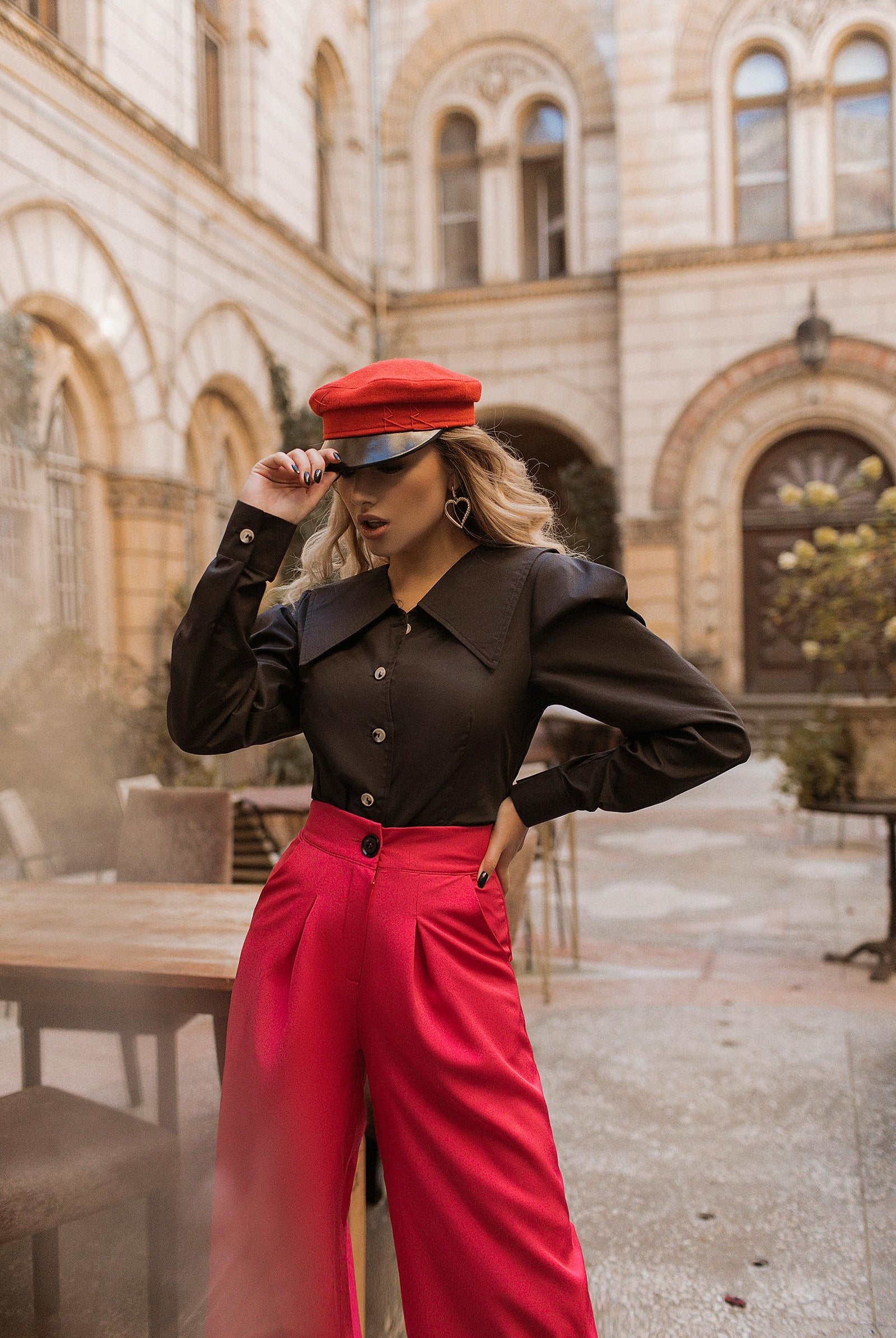 ELAGIA Black Puff Sleeve Collared Blouse close-up detail highlighting womens black suit quality and design