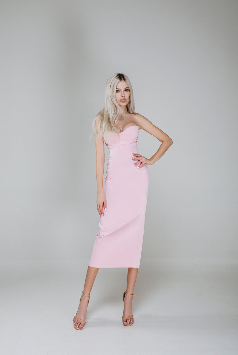 ELAGIA hot pink suit womens 2-piece satin top and midi skirt set - front view on model