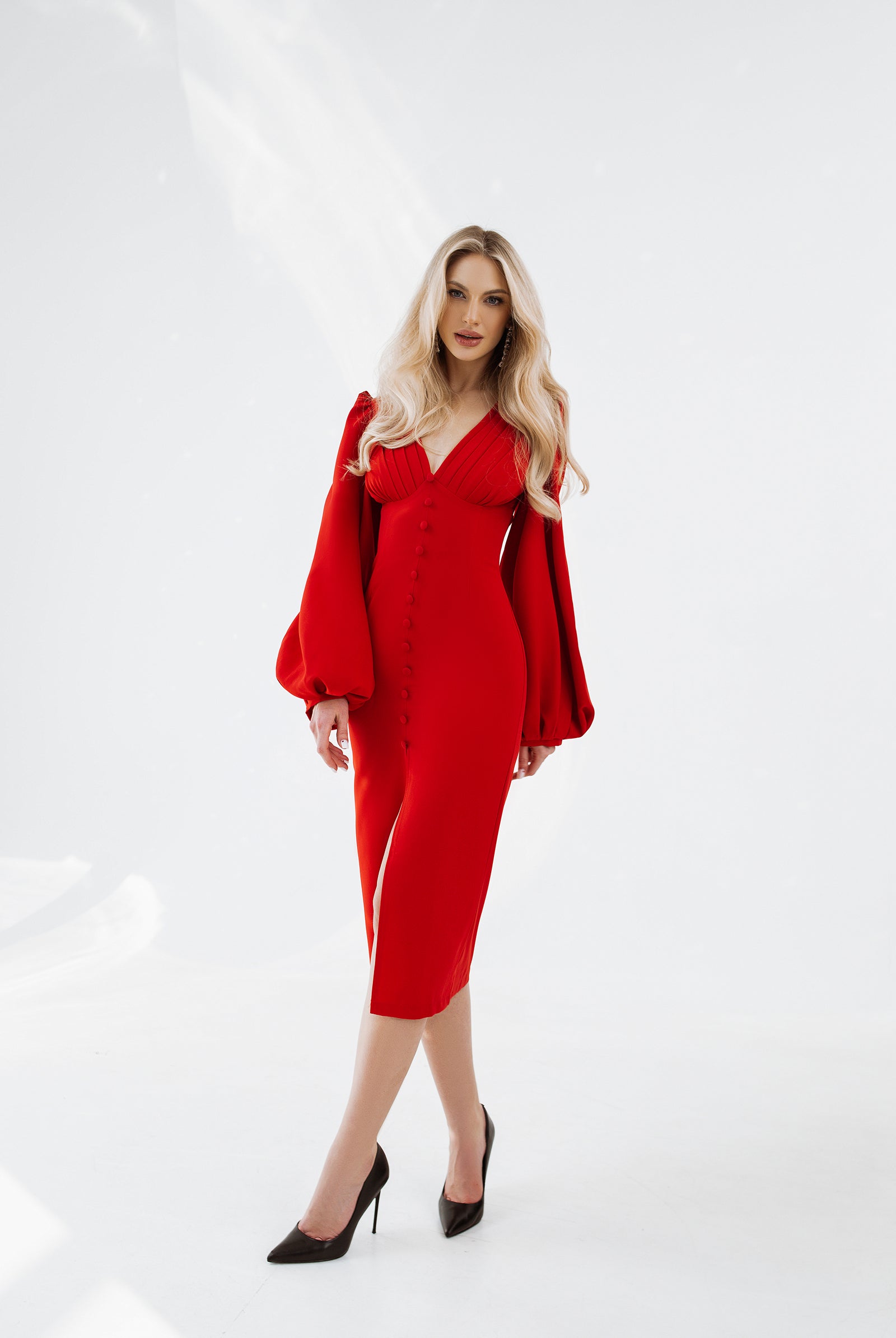 ELAGIA Red Backless Puff Sleeve Midi Dress worn with accessories highlighting purple business suit women aesthetic
