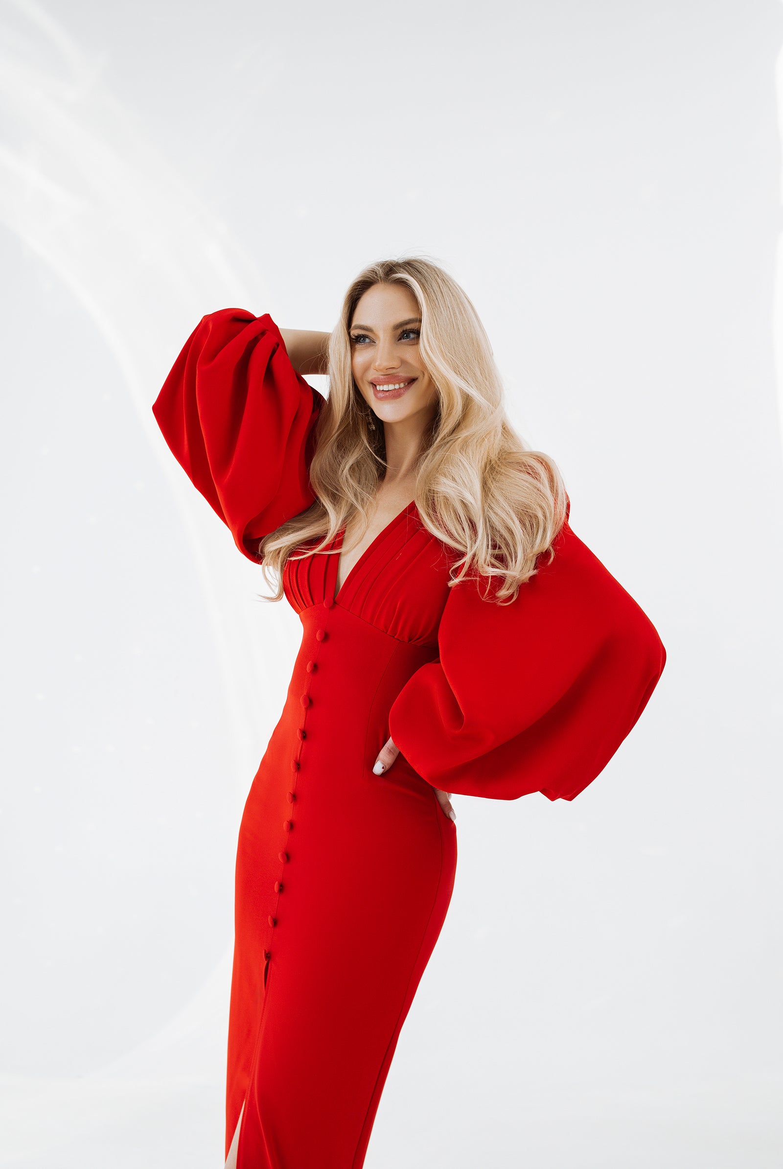 ELAGIA red backless puff sleeve midi dress front view - 3 piece women's suit purple business suit women