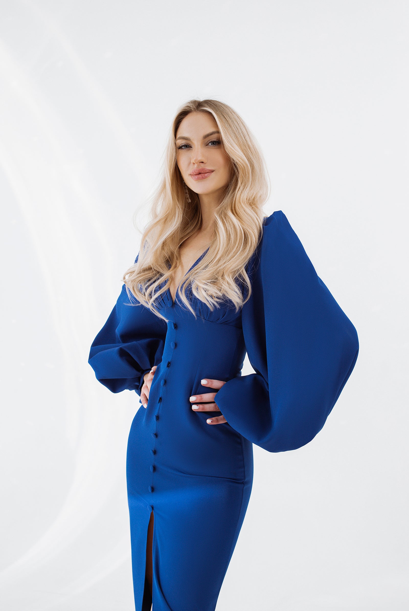 ELAGIA blue backless puff sleeve midi dress back view showing open back detail - 3 piece women's suit style