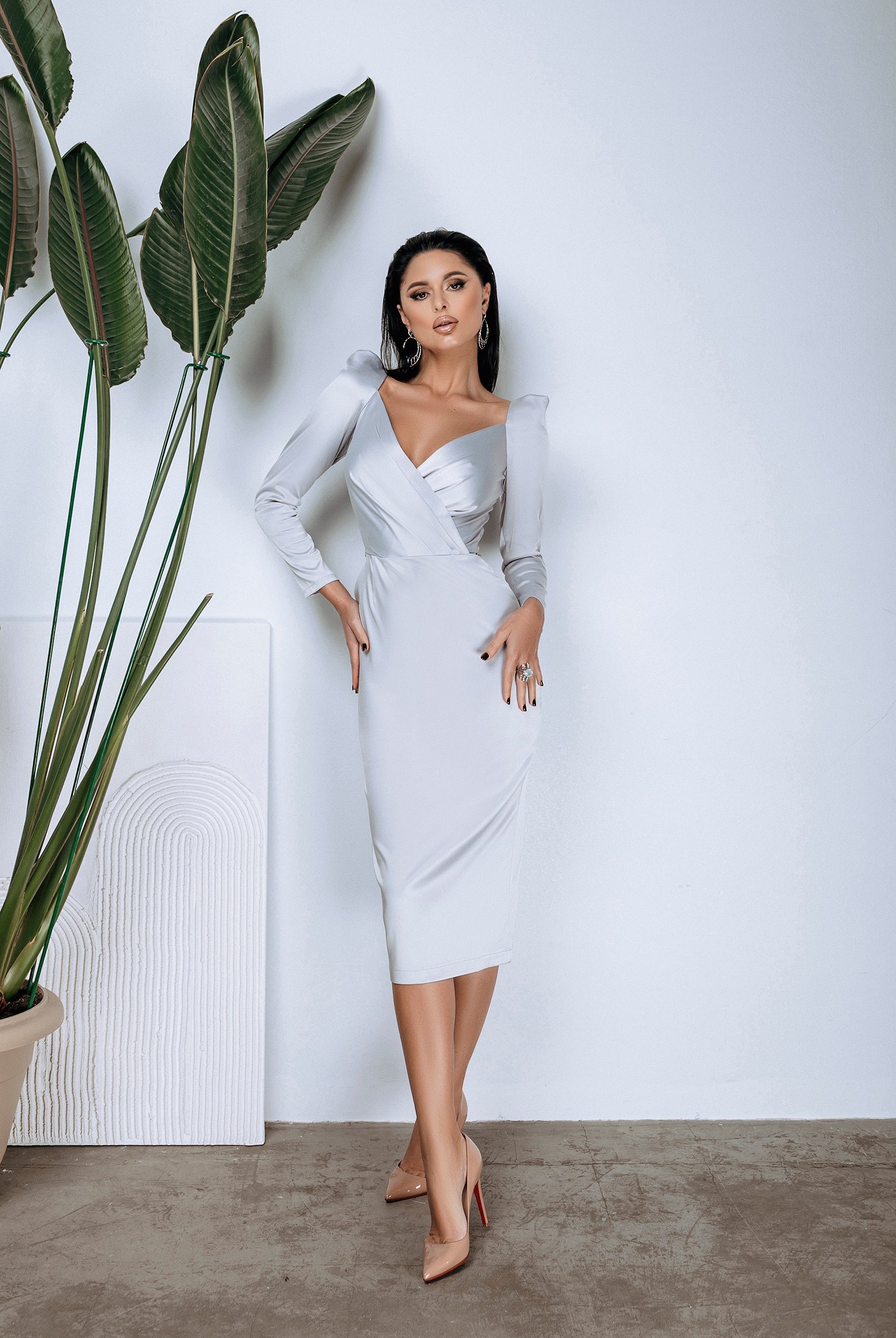 ELAGIA Bridal Silver Long Sleeve Midi Dress - neckline and collar detail, purple business suit women cut