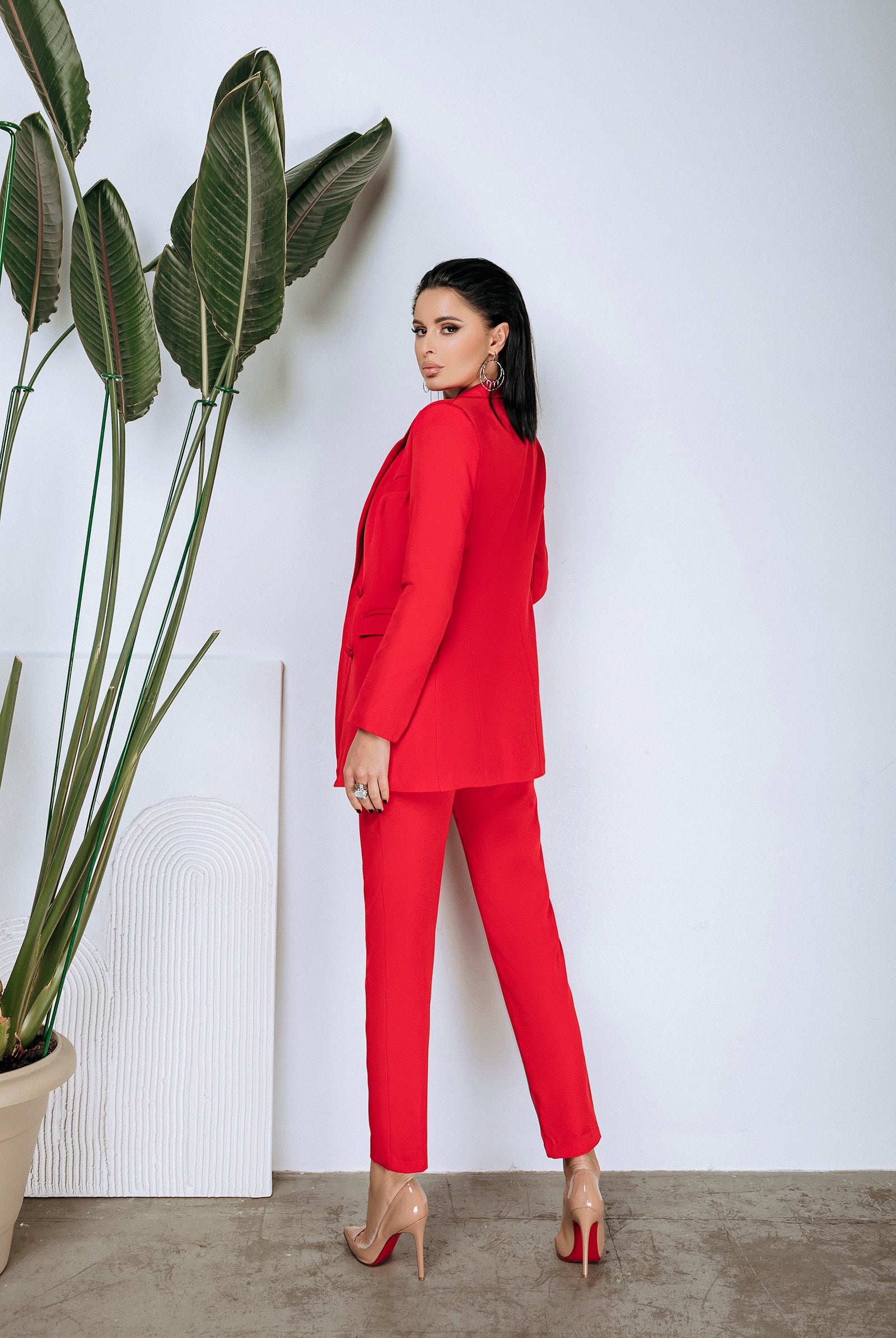 ELAGIA red double breasted suit 2-piece - side angle view purple business suit women inspired tailoring
