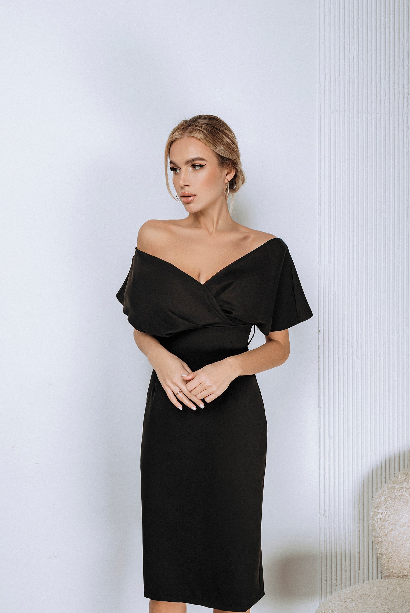 ELAGIA black off-the-shoulder mini dress front view - elegant 3 piece women's suit style for business wear