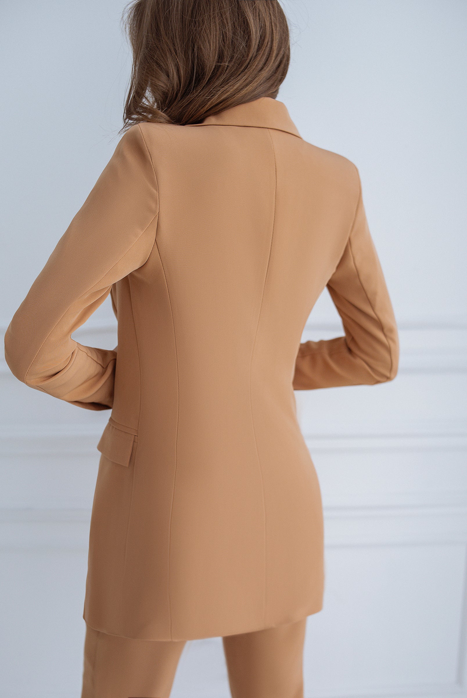 ELAGIA camel double breasted suit 2-piece fabric close-up - texture detail of professional women's suit material