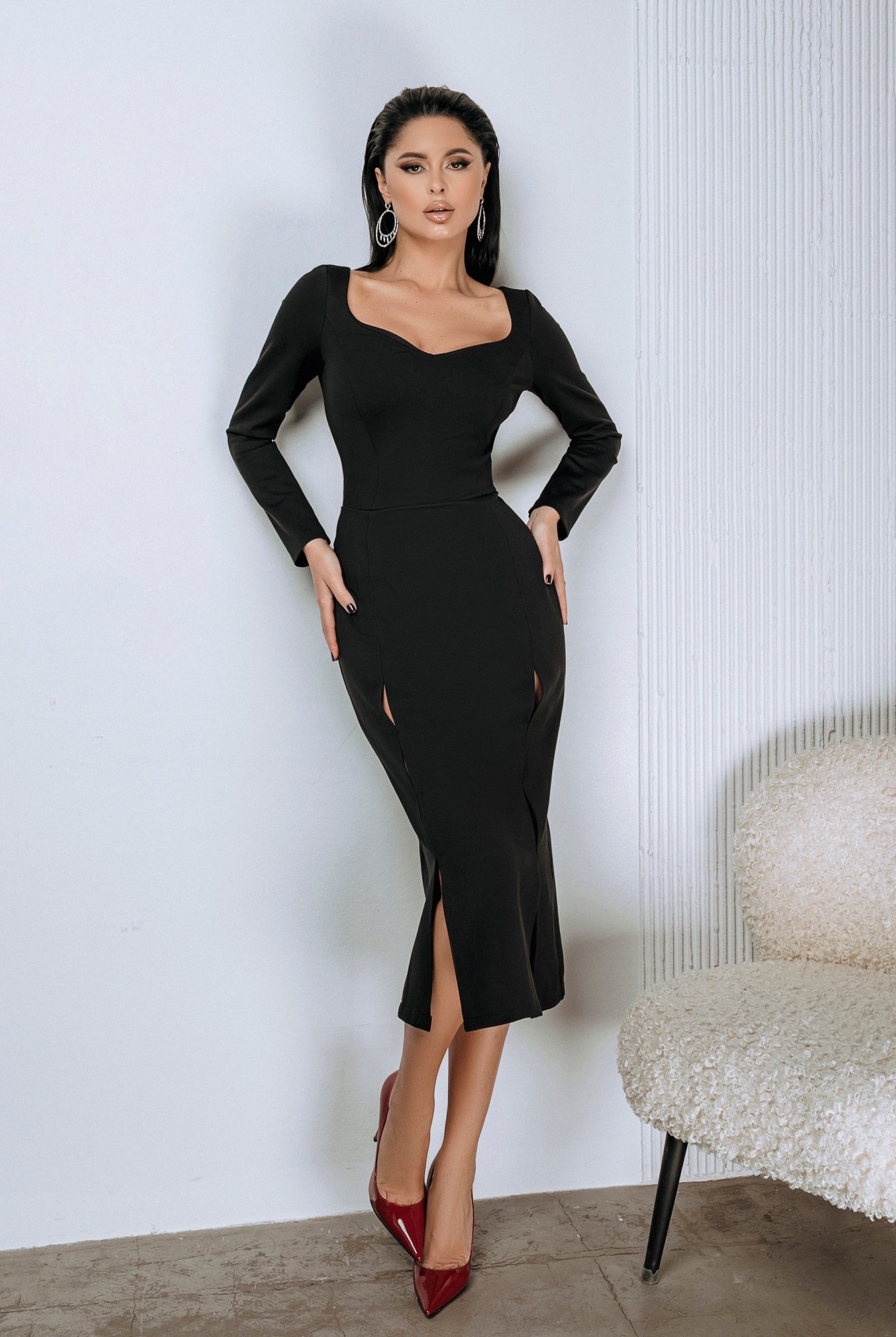 ELAGIA Black Long Sleeve Midi Dress front view - 3 piece women's suit purple business suit women