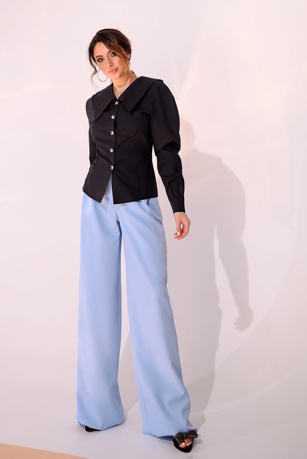 ELAGIA black puff sleeve collared blouse - detail shot of collar and button closure on women's black suit set