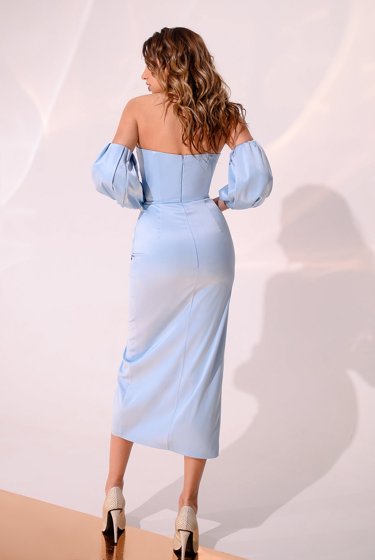 ELAGIA sky-blue satin midi dress back view showing puff sleeves - 3 piece women's suit purple business suit women