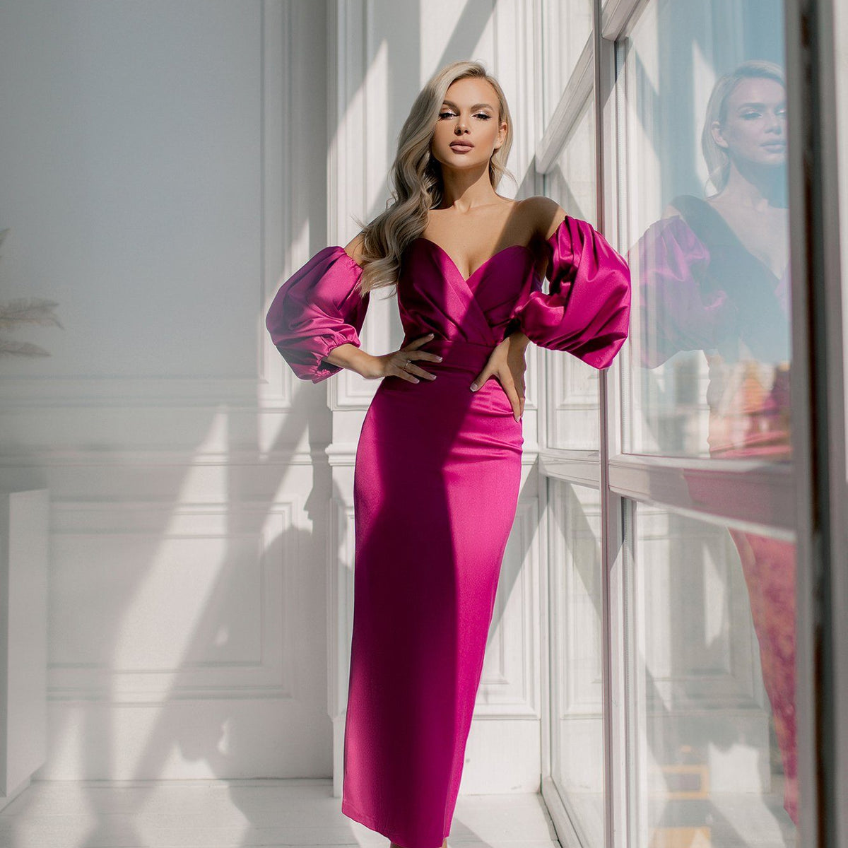 Fuchsia Puff Sleeve Midi Prom Dress