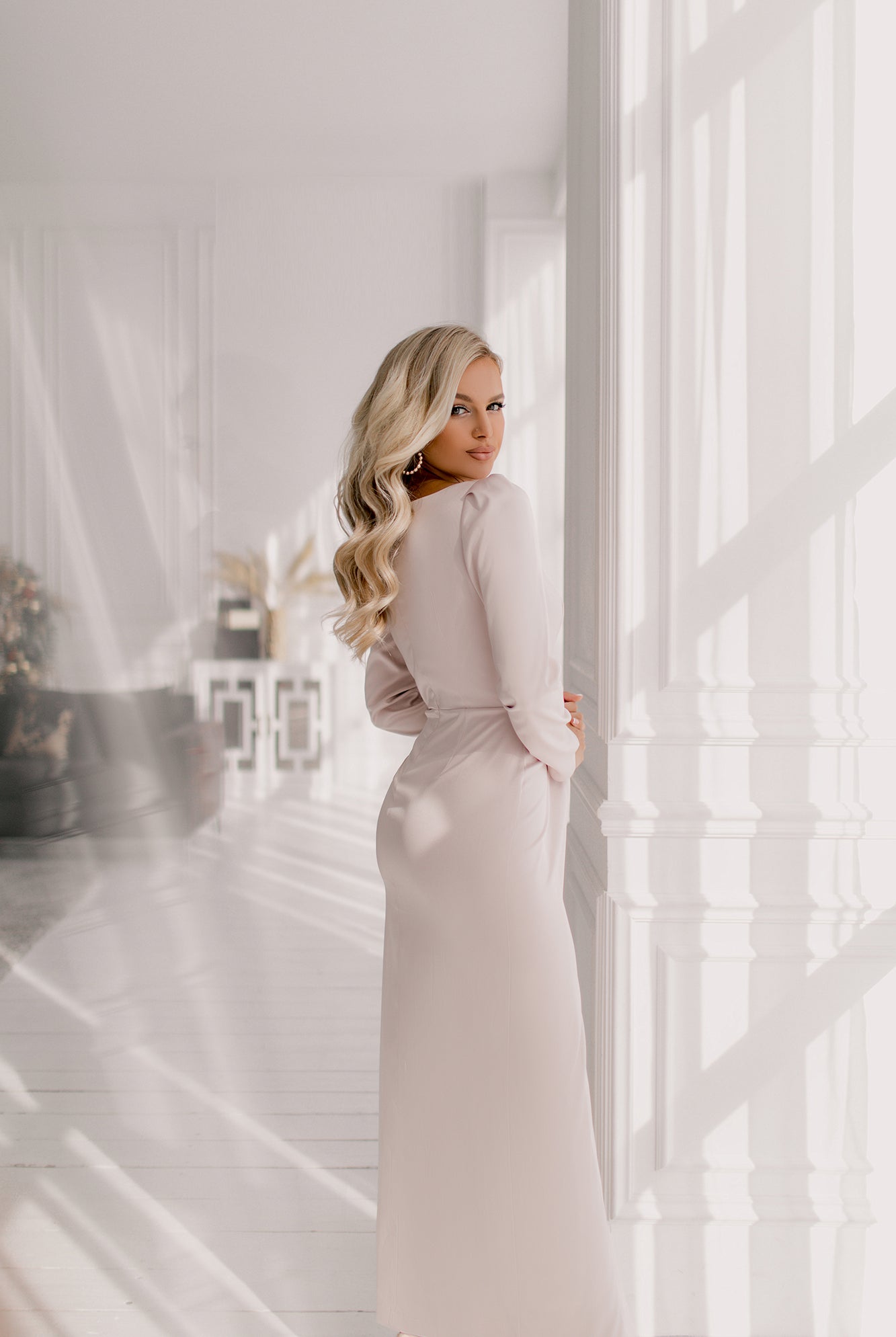 ELAGIA Beige Satin Long Sleeve Maxi Dress - full body styled look demonstrating versatile formal wear option