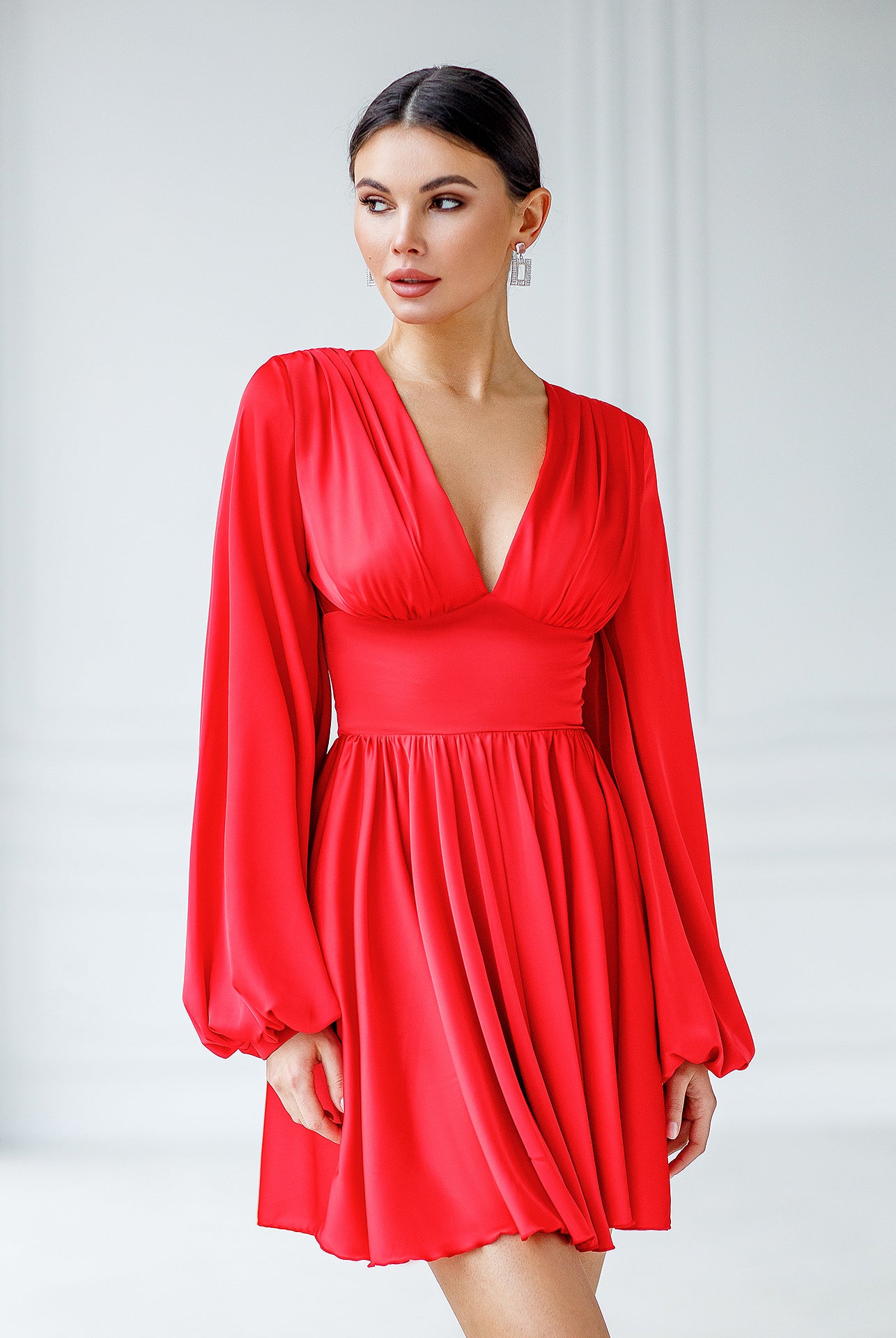 Red Silk Puff-Sleeve Mini Dress - back view | ELAGIA