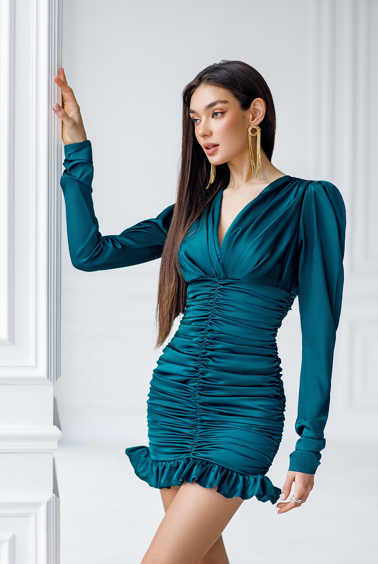 ELAGIA emerald silk long sleeve ruched mini dress - close-up of ruched fabric texture, purple business suit women