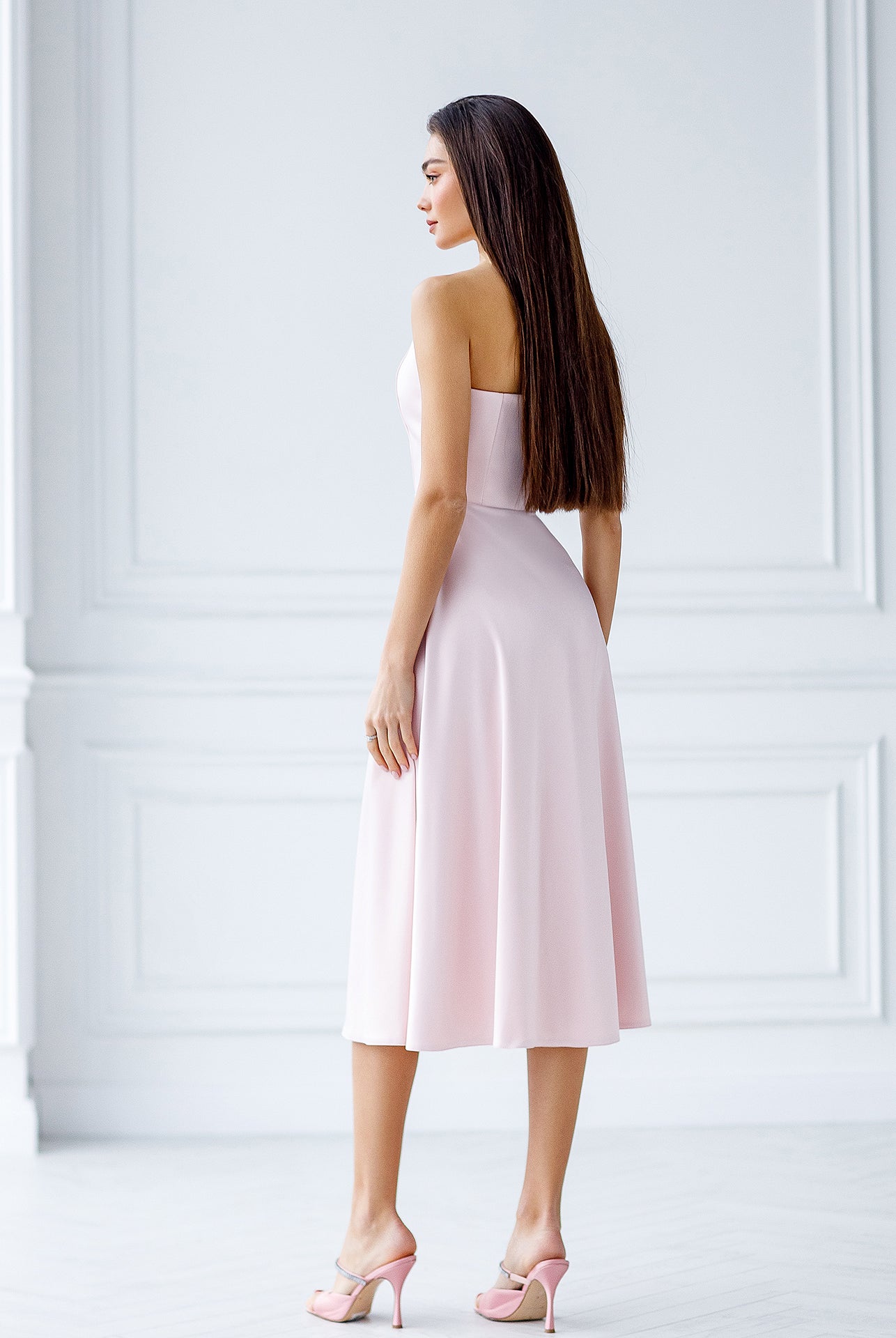 ELAGIA dusty pink satin corseted strapless dress side angle - purple business suit women inspired evening wear