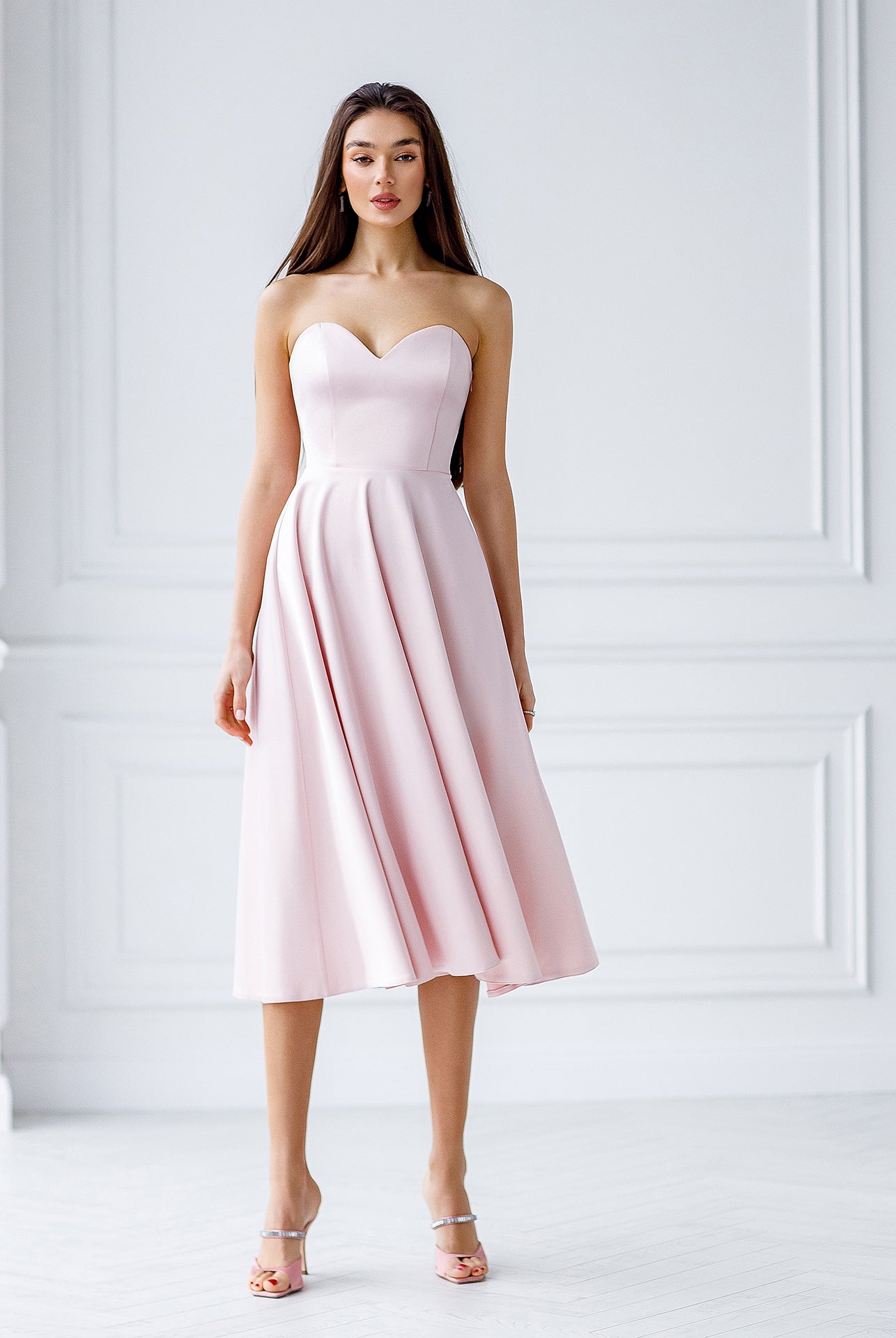 ELAGIA dusty pink satin corseted strapless dress front view - elegant 3 piece women's suit purple business suit women
