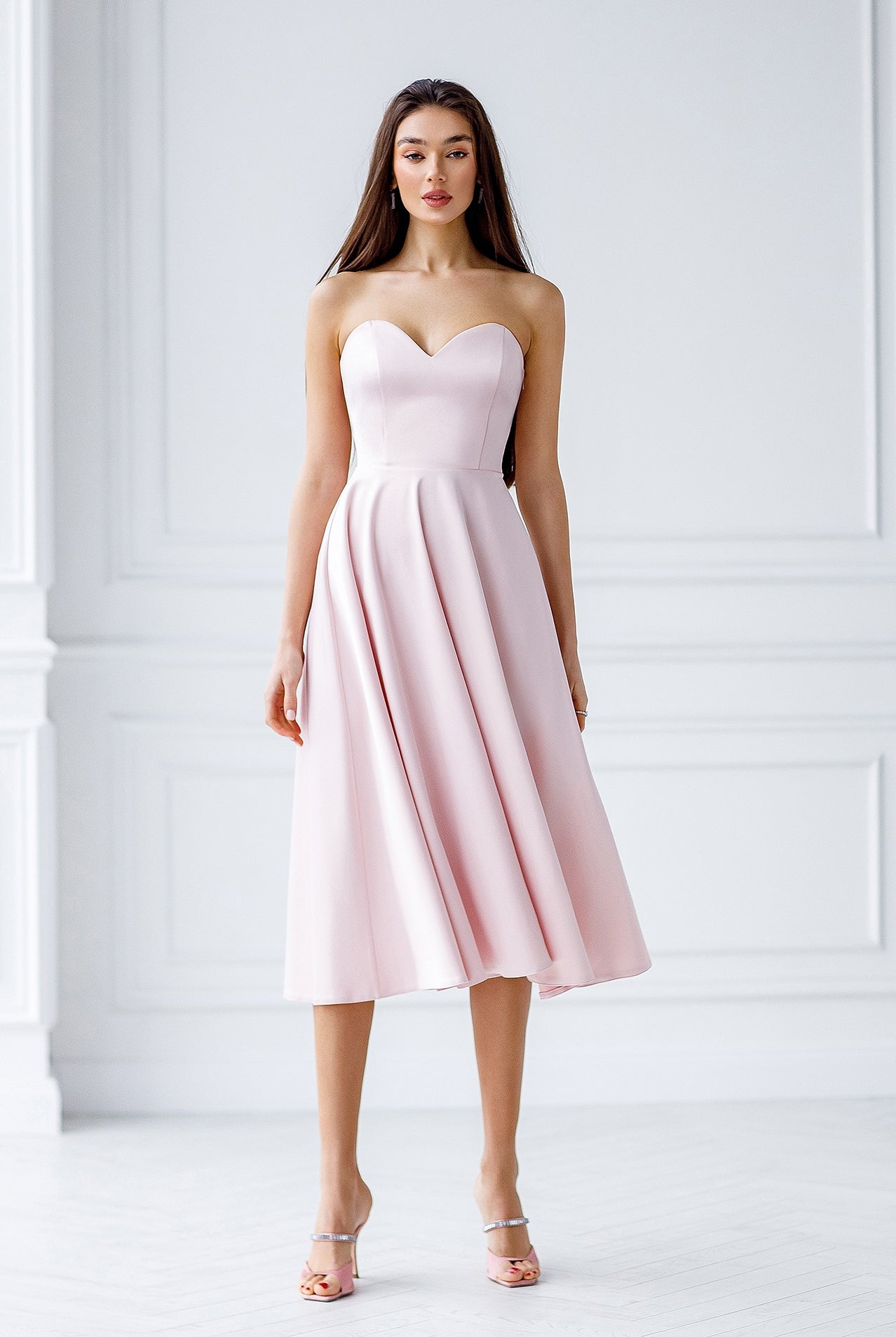 ELAGIA dusty pink satin corseted strapless dress back view - 3 piece women's suit alternative formal wear